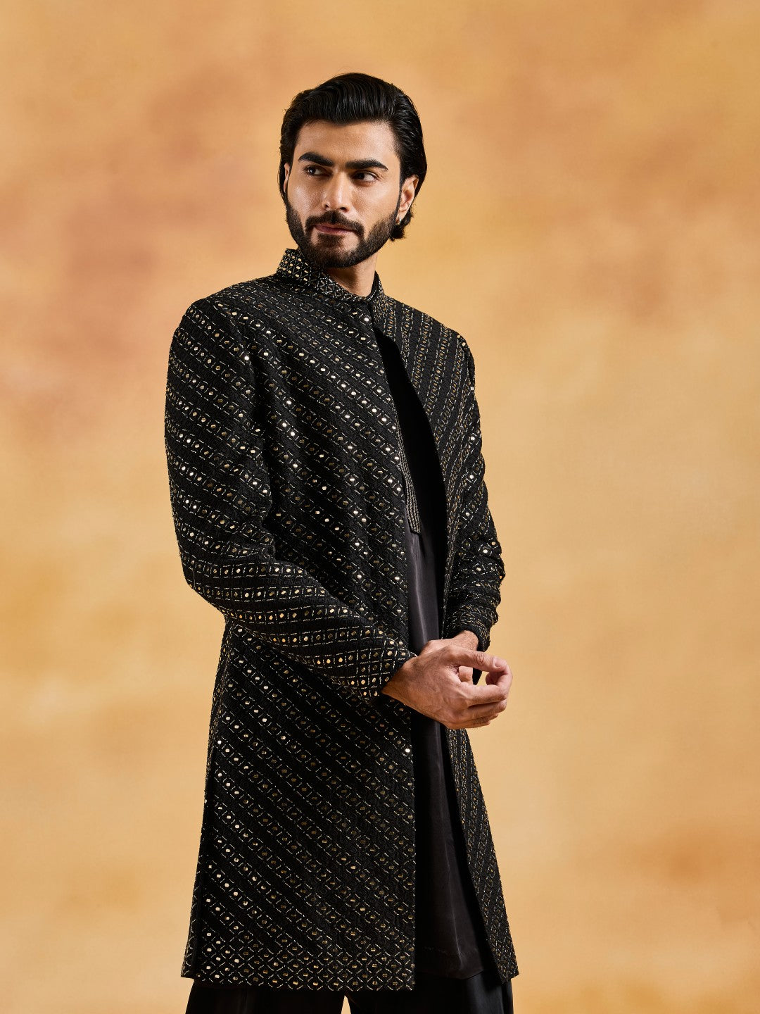 BLACK OPEN SHERWANI WITH KURTA AND SALWAR