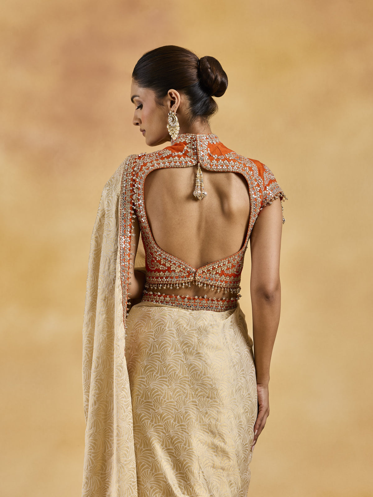 Orange Ivory-Gold Saree Set