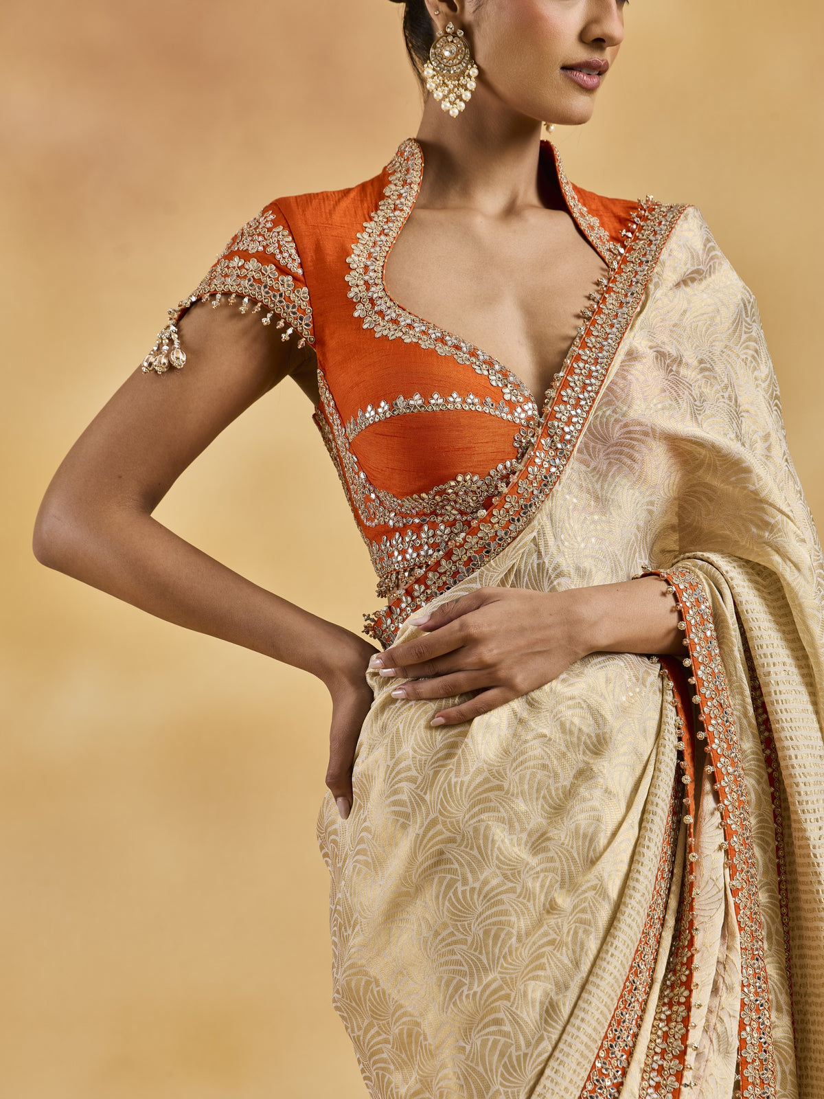 Orange Ivory-Gold Saree Set