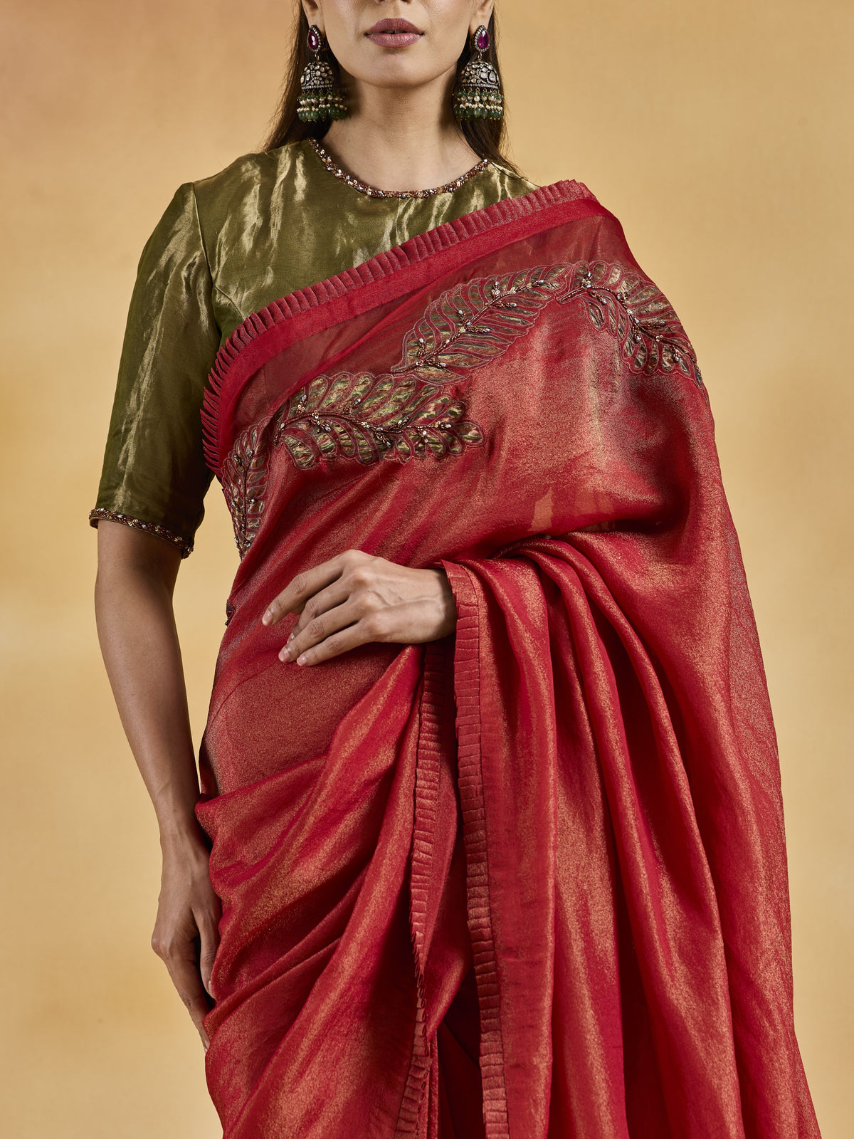 Red Appliqué Saree Set
