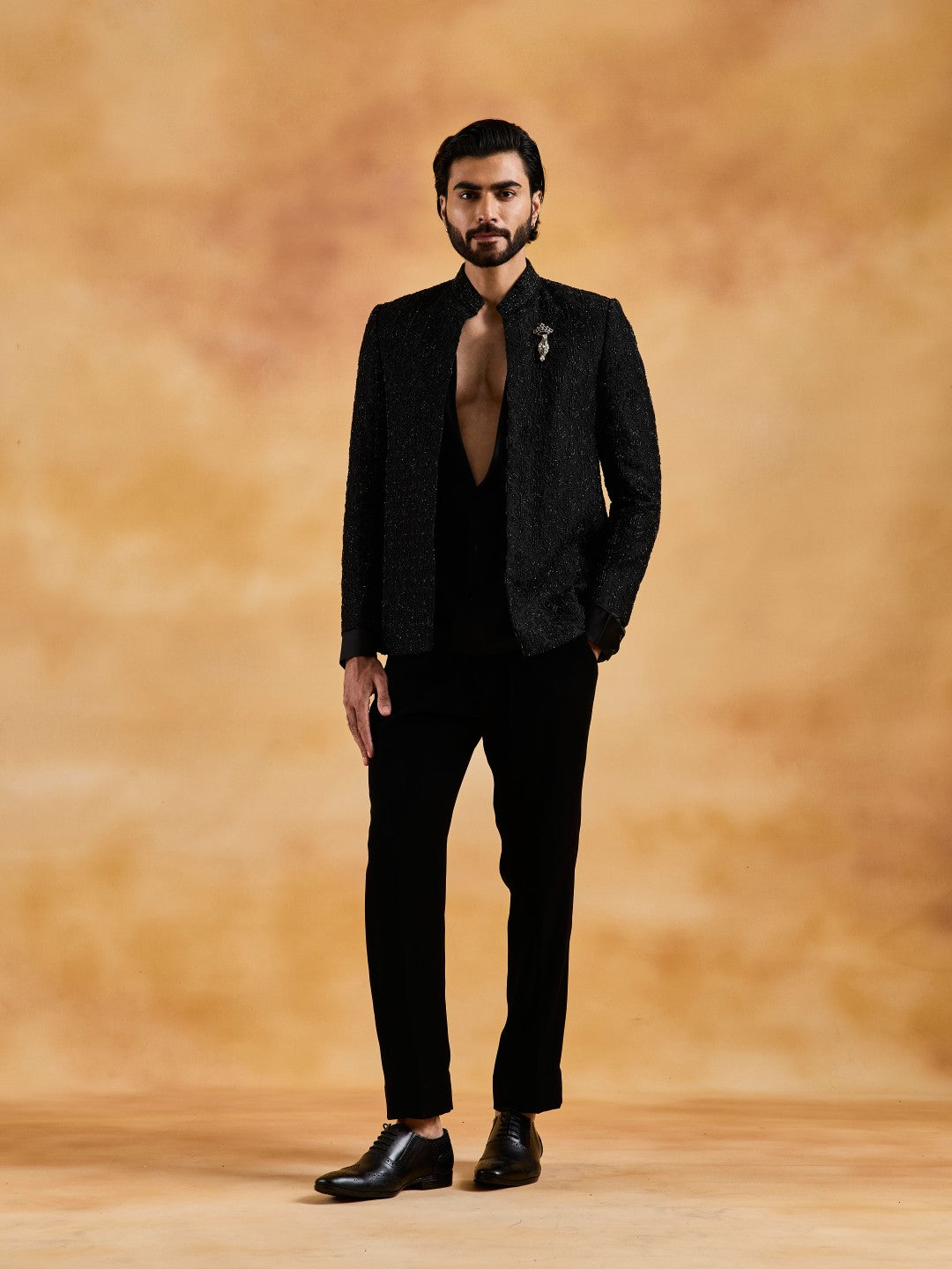 BLACK OPEN JACKET WITH COWLED SHIRT AND PANT