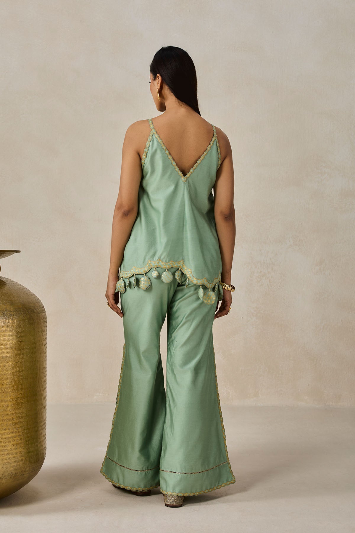 Chanderi Applique Embroidery Strappy Short Top And Palazo Set