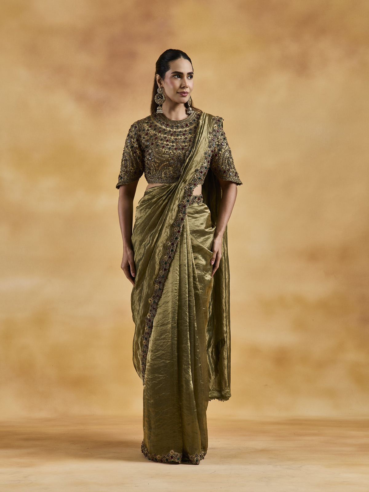 Green-Gold Jewelled Saree Set