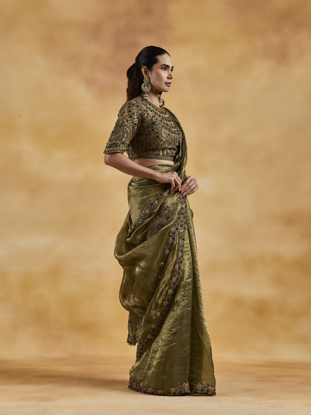Green-Gold Jewelled Saree Set