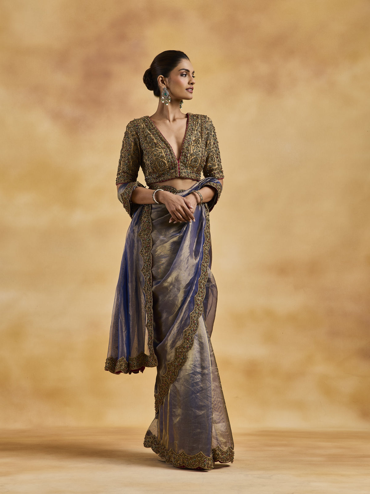 Blue-Gold Zardozi Saree Set