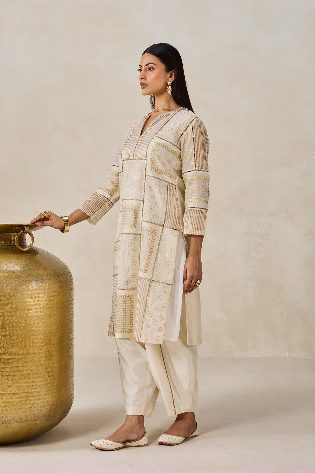 Gold Chanderi Patch Work Kurta & Salwar
