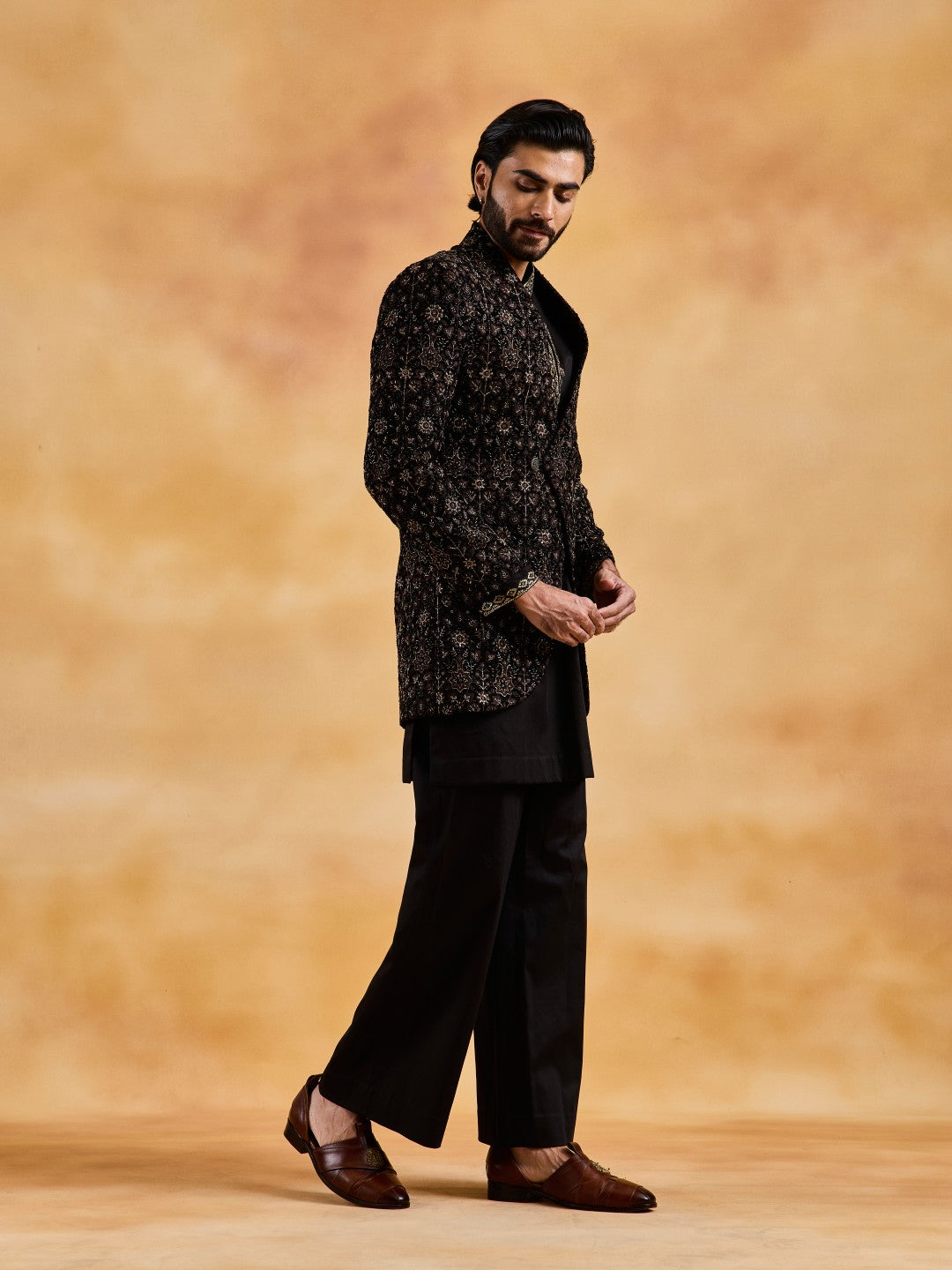 BLACK VELVET OVERLAP JACKET WITH KURTA AND TROUSERS