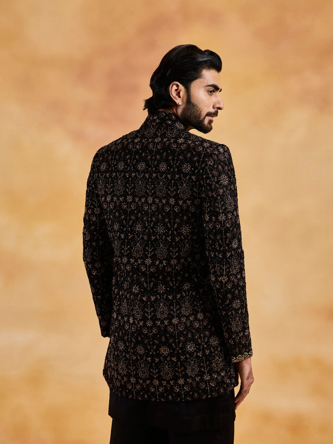 BLACK VELVET OVERLAP JACKET WITH KURTA AND TROUSERS