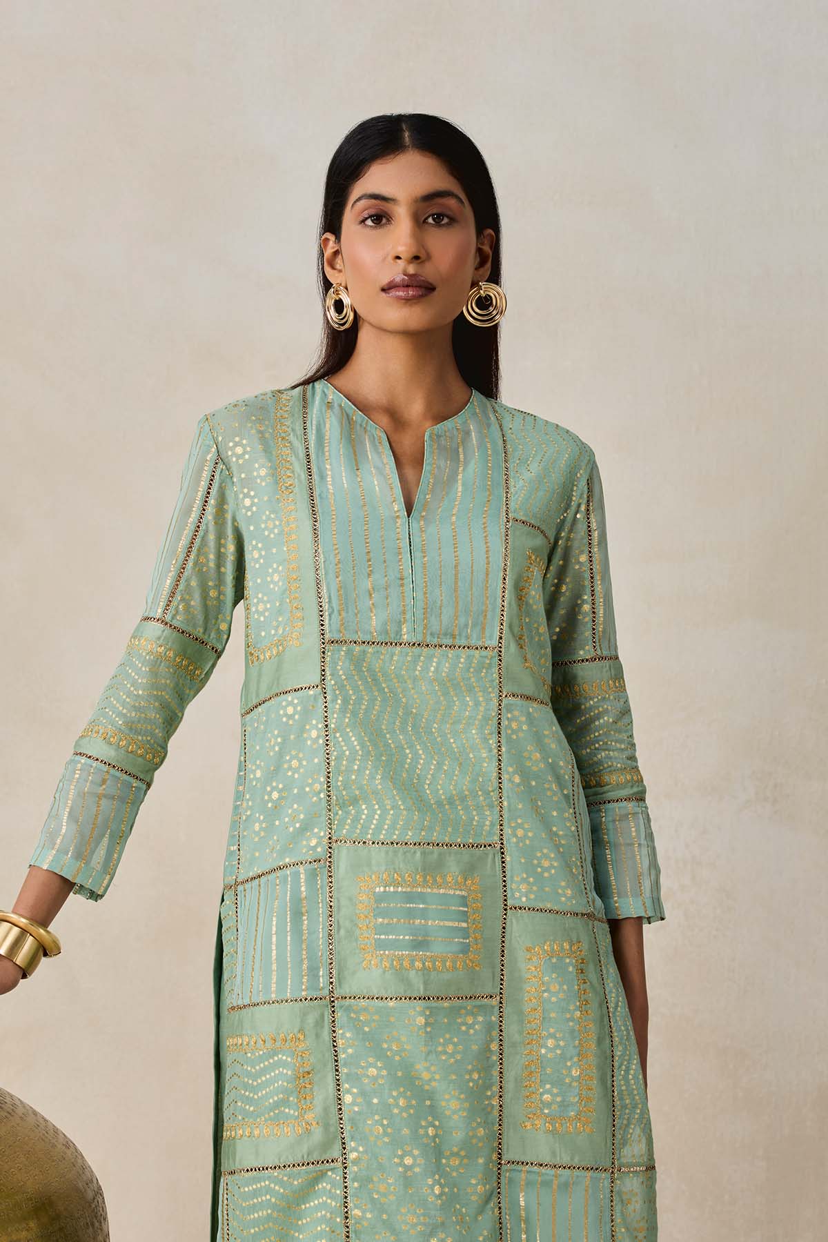 Gold Chanderi Patch Work Kurta & Salwar