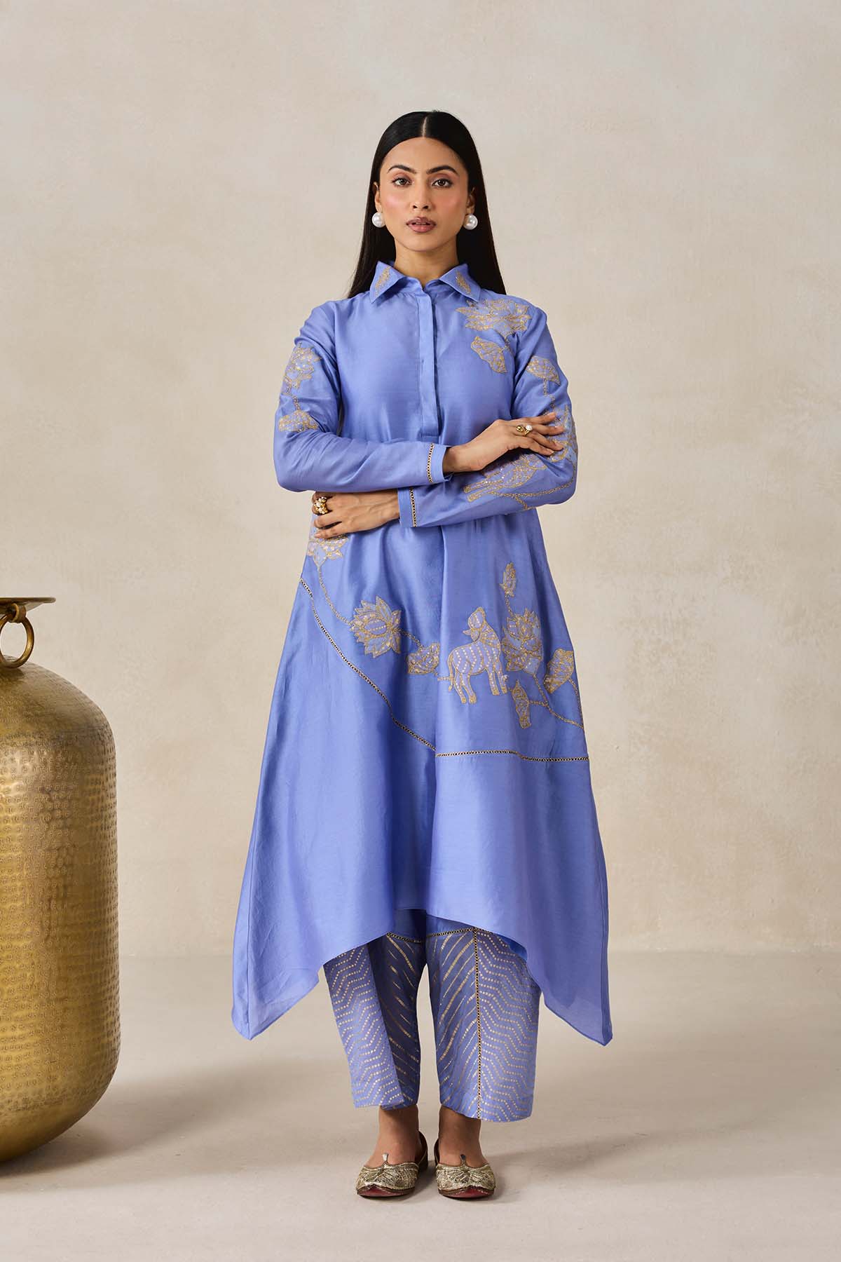 Chanderi Assmmetrical Kurta With Pant Set