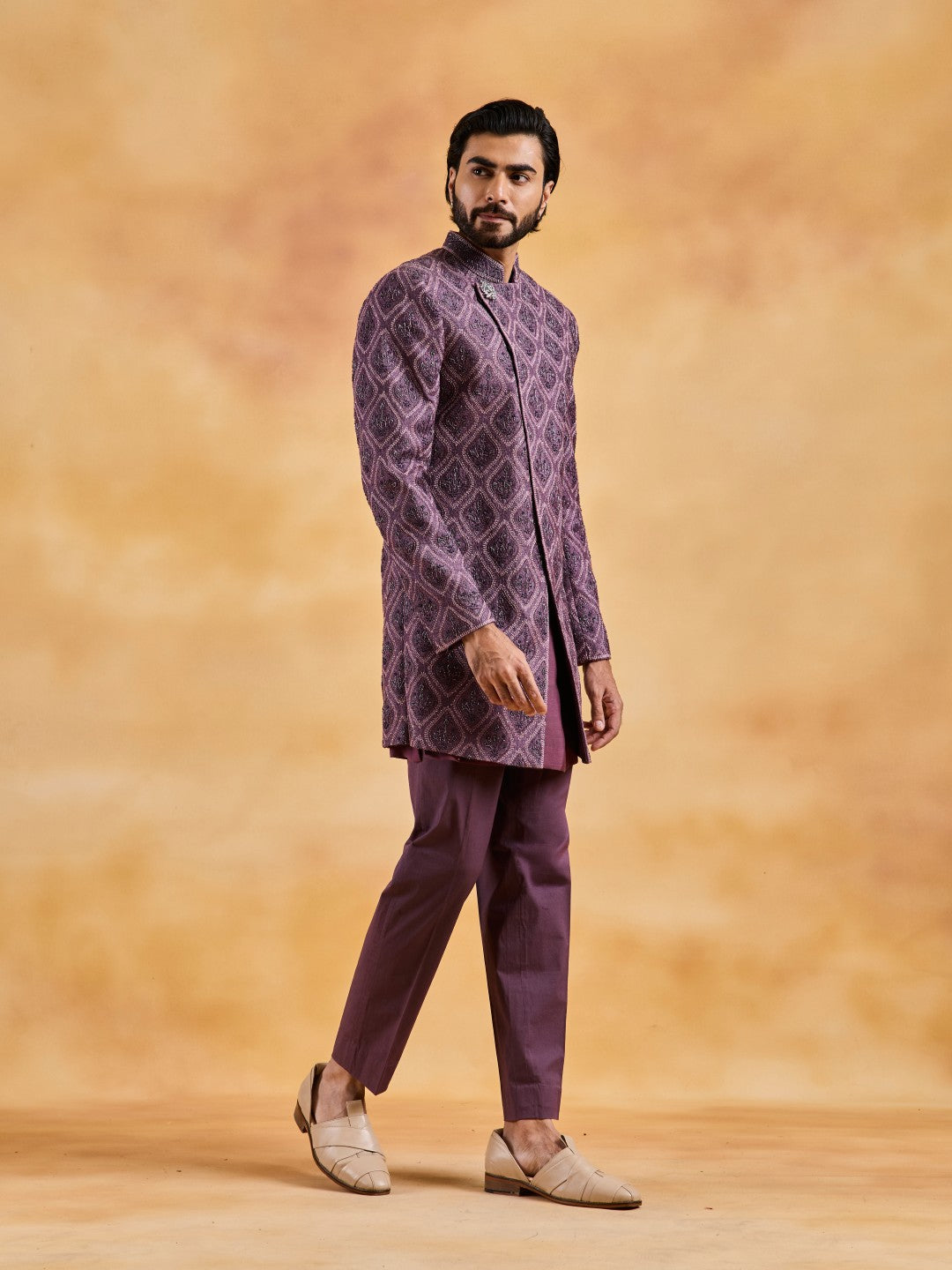 WINE SHERWANI KURTA TROUSER SET