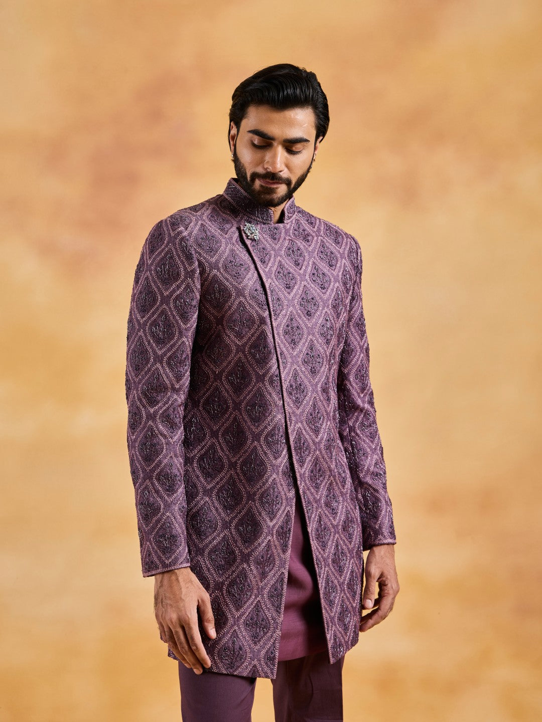 WINE SHERWANI KURTA TROUSER SET