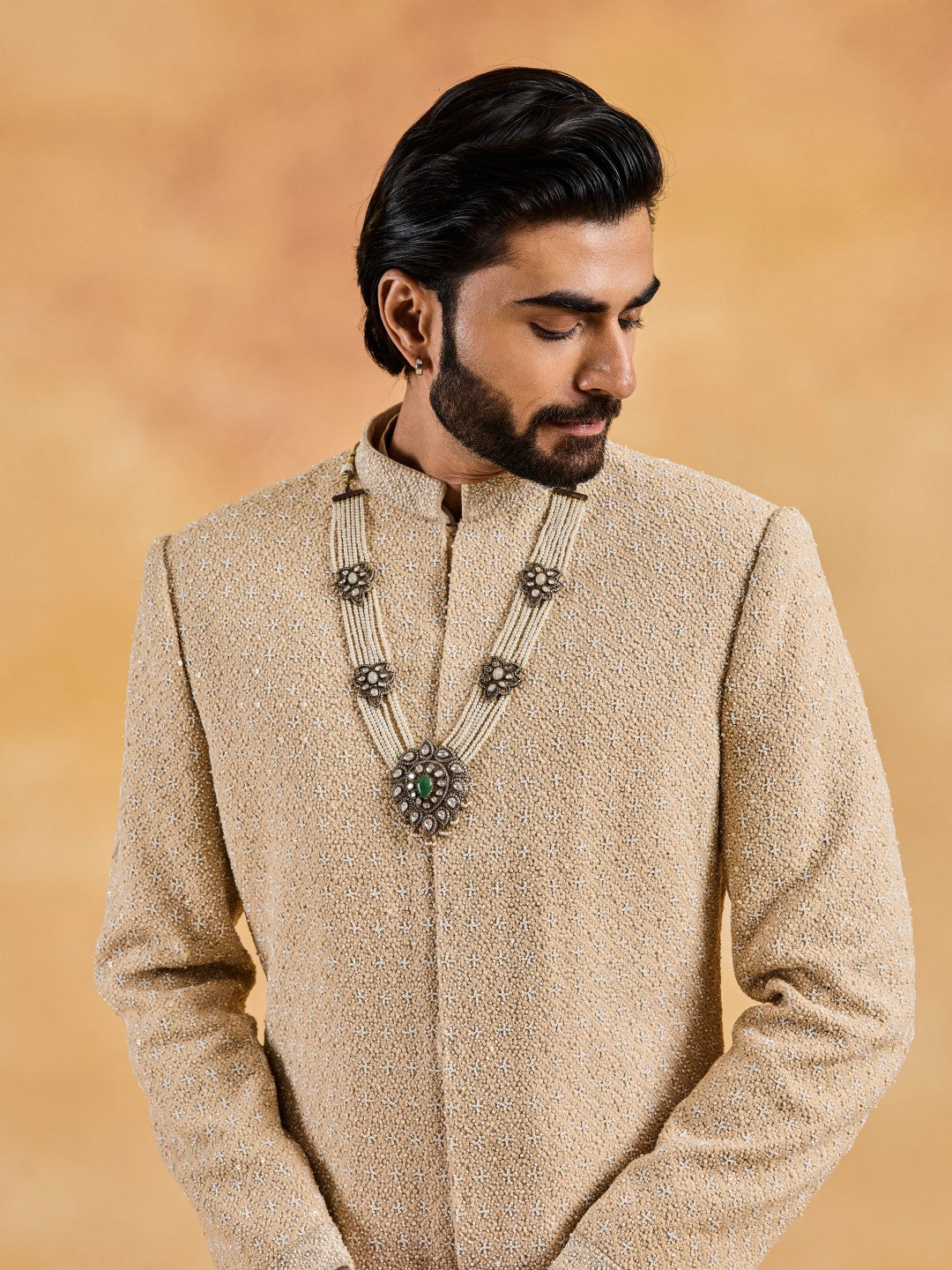 CHAMPAGE RAW SILK SHERWANI KURTA CHURIDAR SET