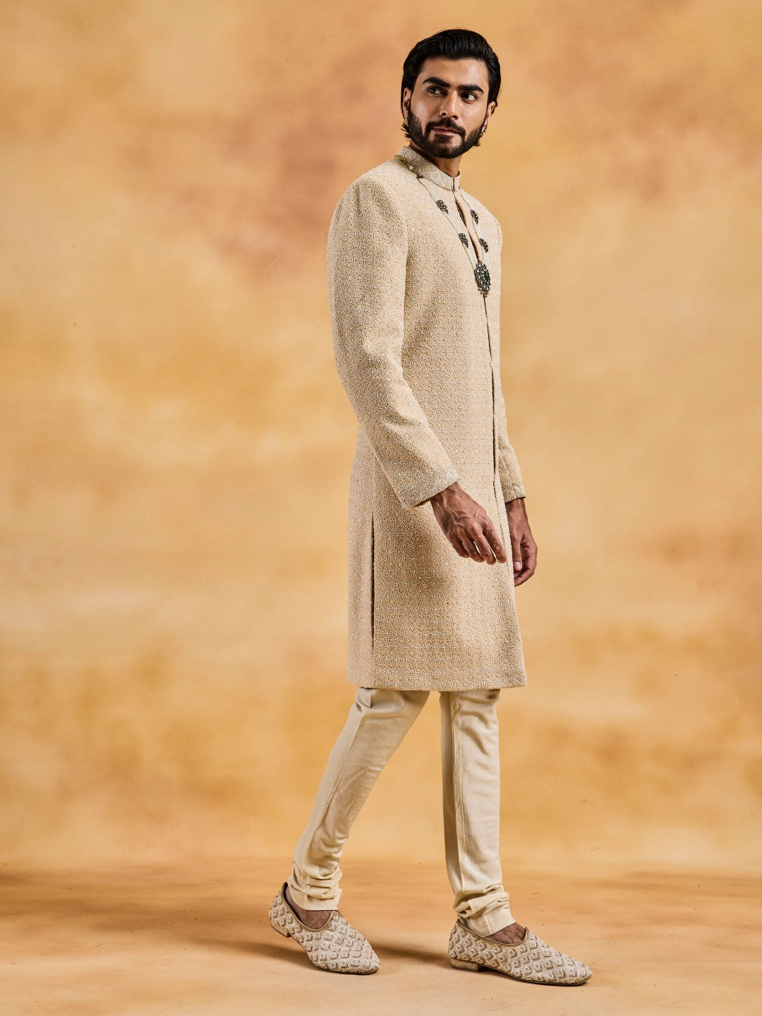 CHAMPAGE RAW SILK SHERWANI KURTA CHURIDAR SET