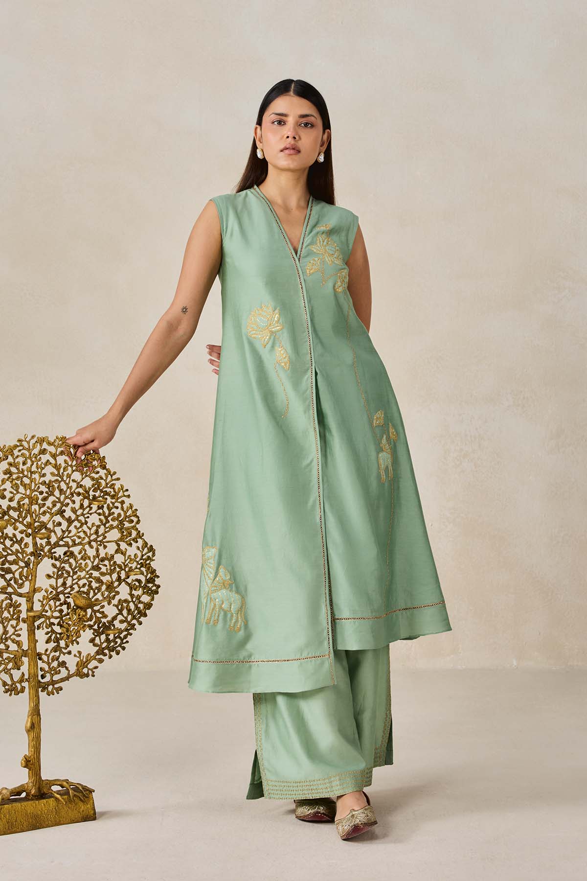 Chanderi Applique work Kurta With Pant Set