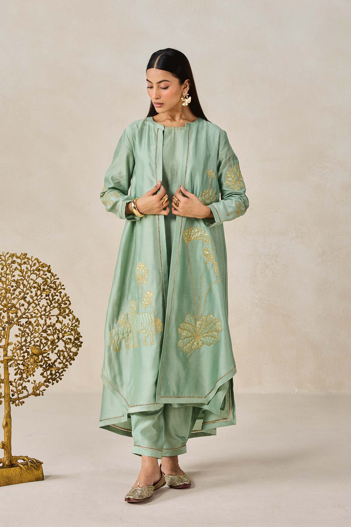 Chanderi Jacket Style Kurta With Pant Set