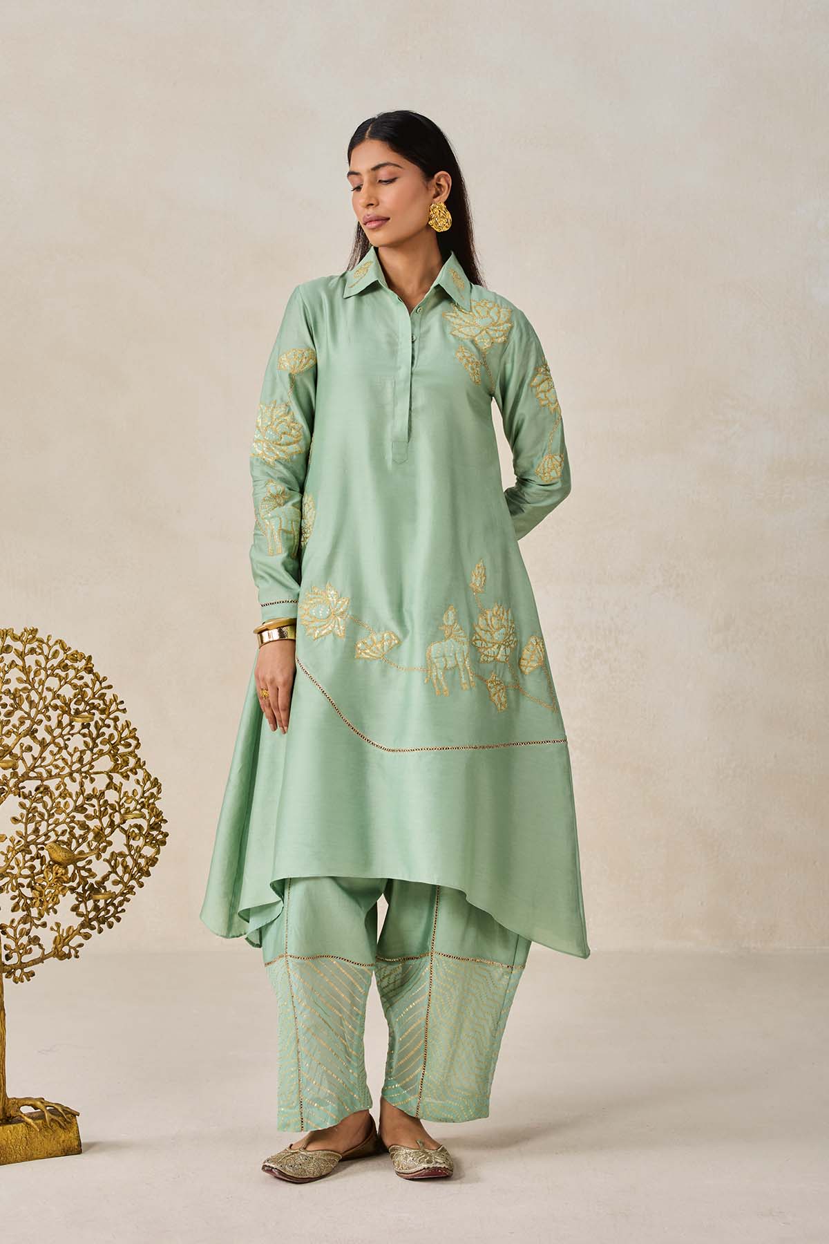 Chanderi Assmmetrical Kurta With Pant Set