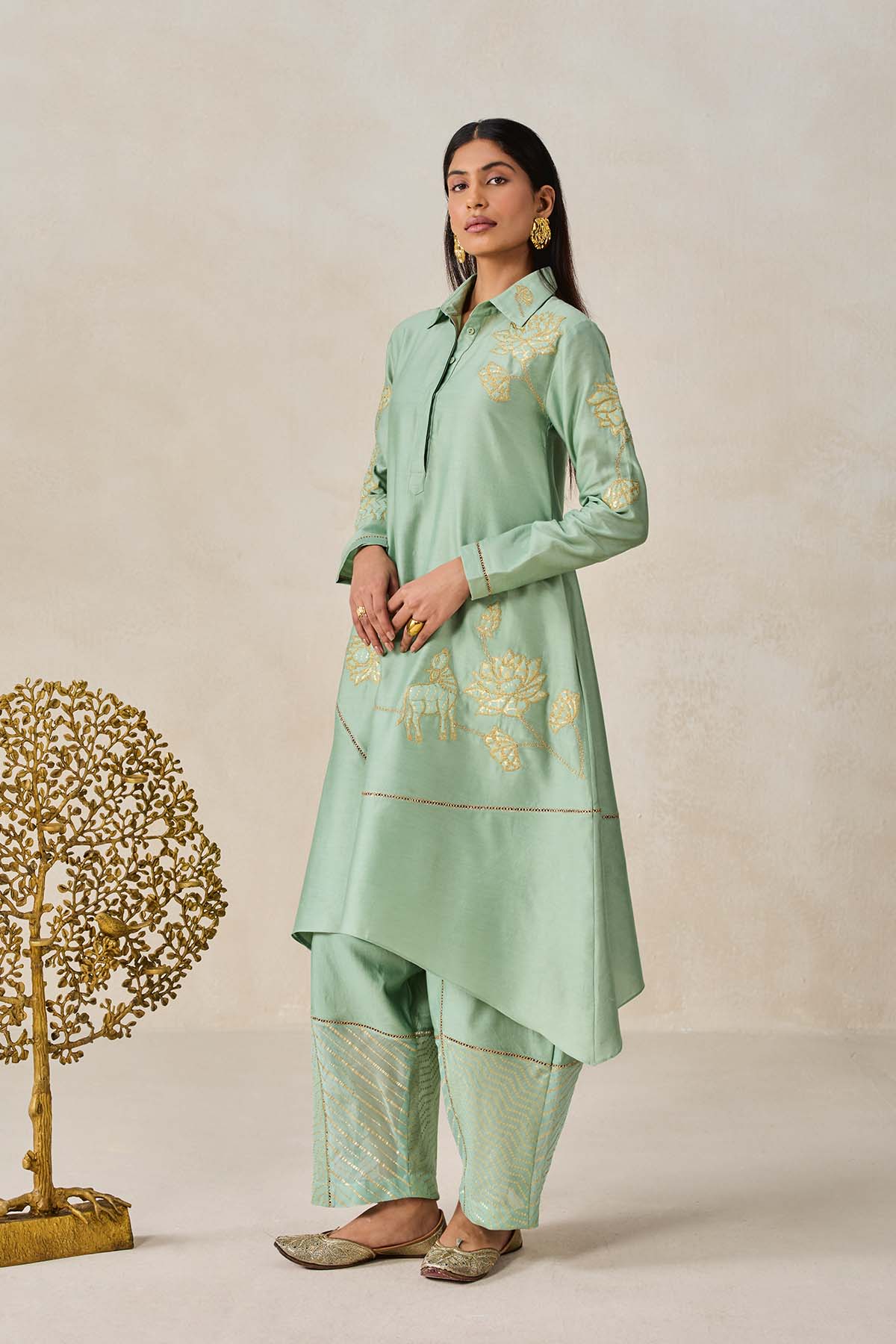 Chanderi Assmmetrical Kurta With Pant Set