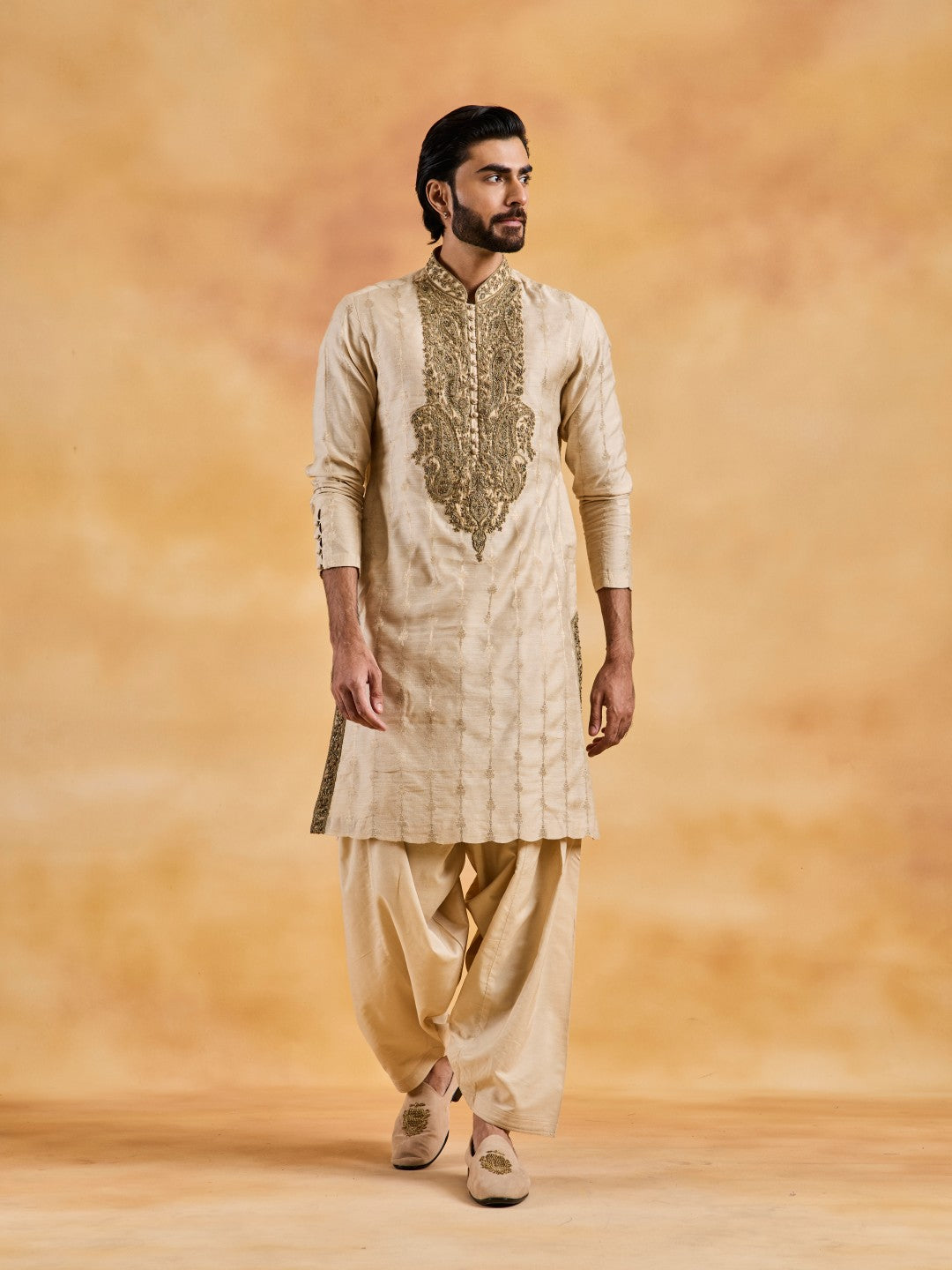 BEIGE BENARSI BOOTI KURTA SALWAR SET