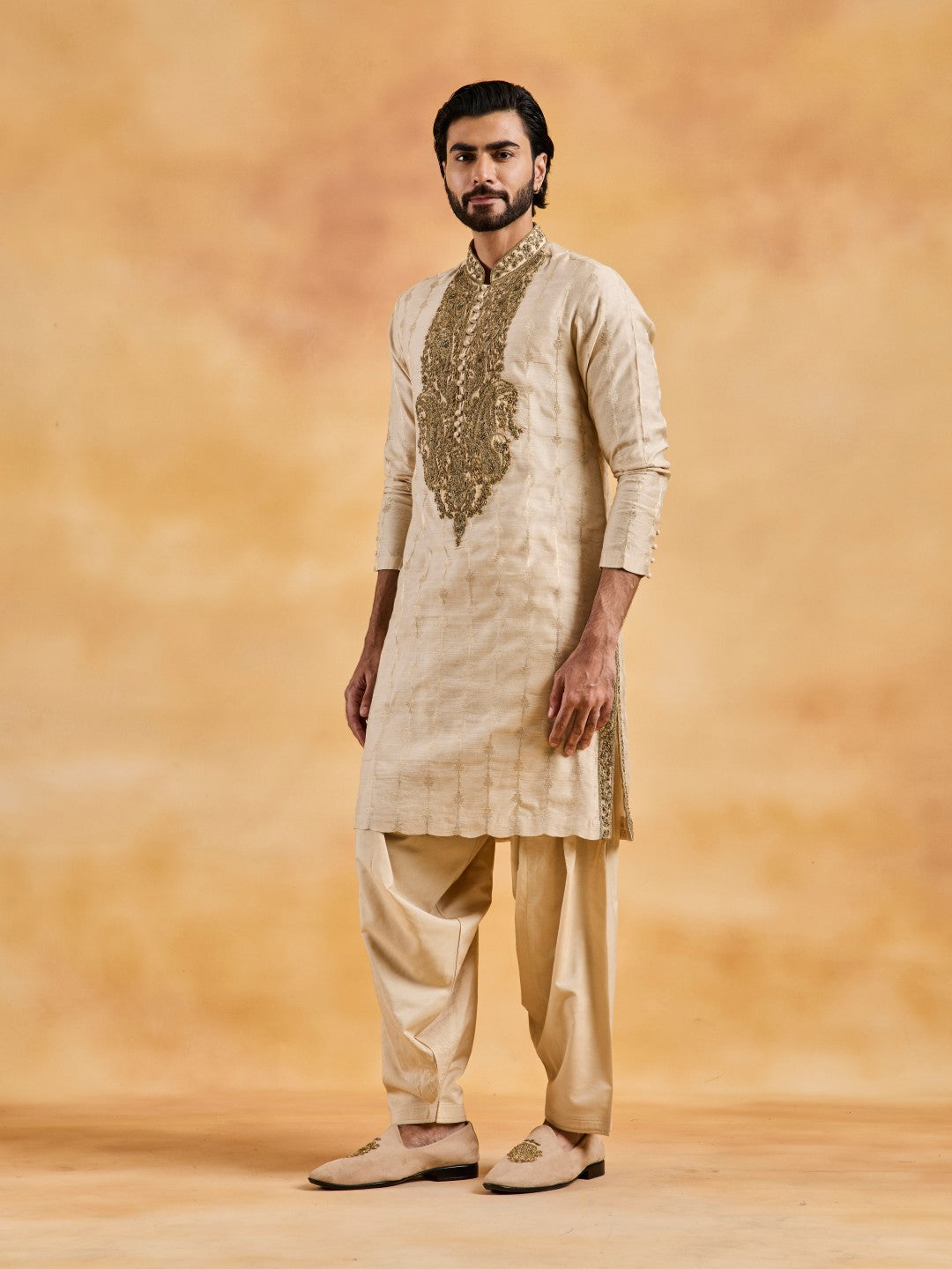BEIGE BENARSI BOOTI KURTA SALWAR SET