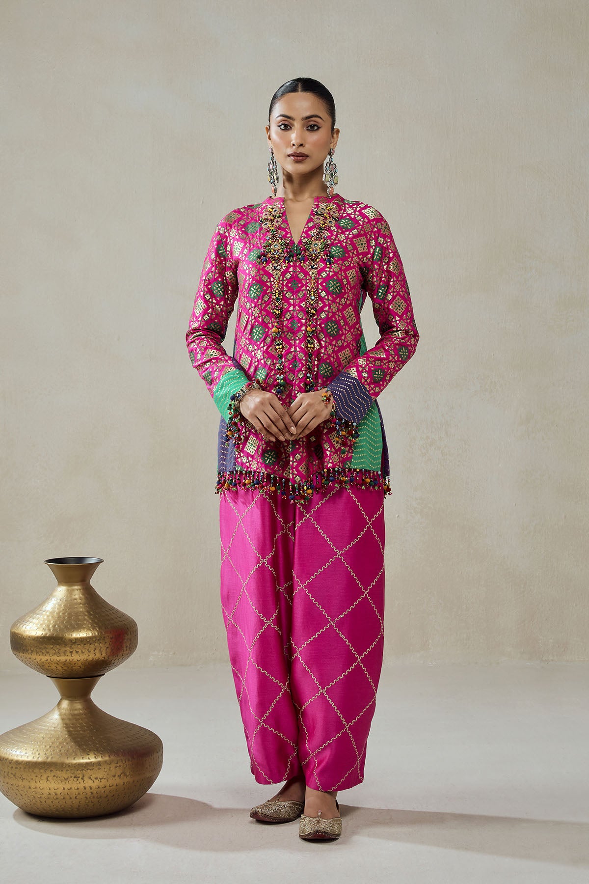 Fuschia Patola Silk Short Jacket Worked Salwar