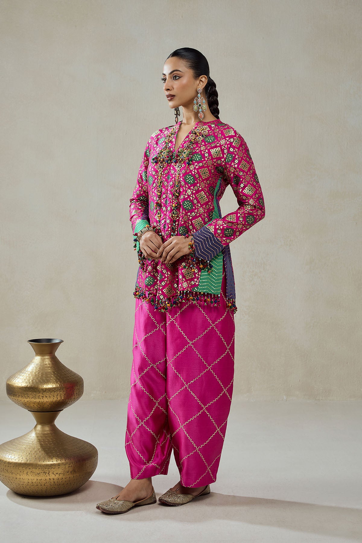 Fuschia Patola Silk Short Jacket Worked Salwar