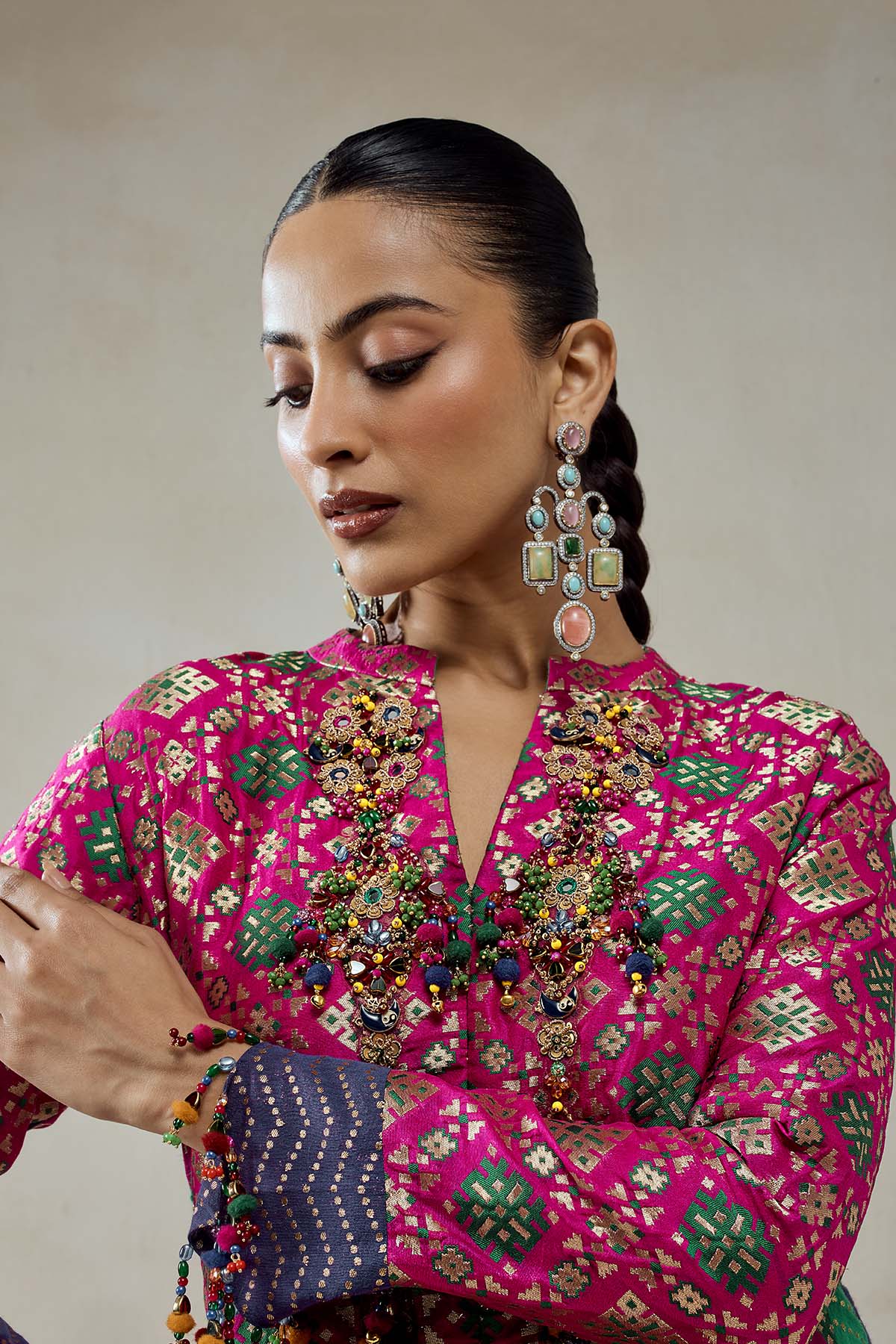 Fuschia Patola Silk Short Jacket Worked Salwar