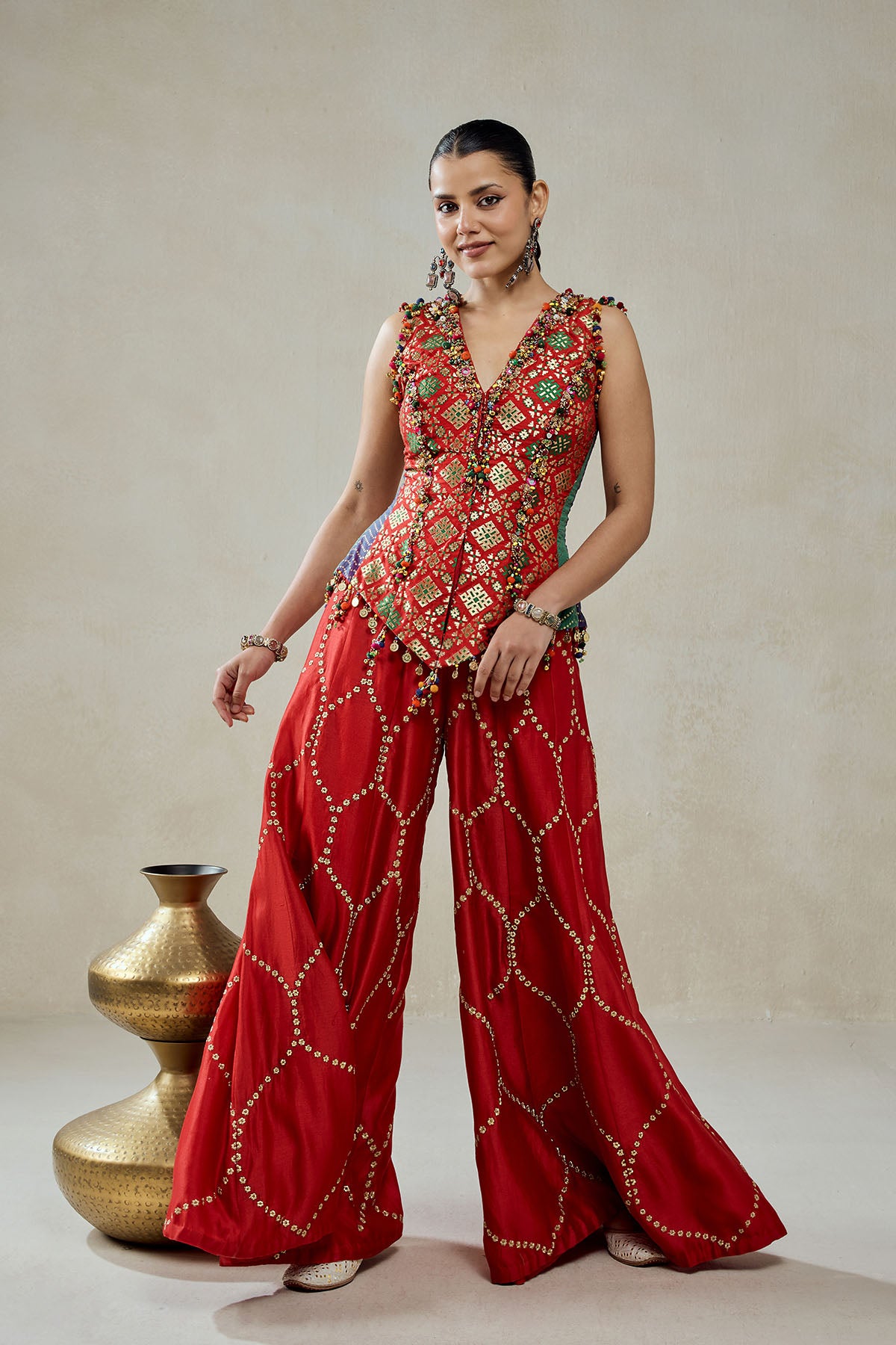 Red Patola Silk With Worked Sharara Set