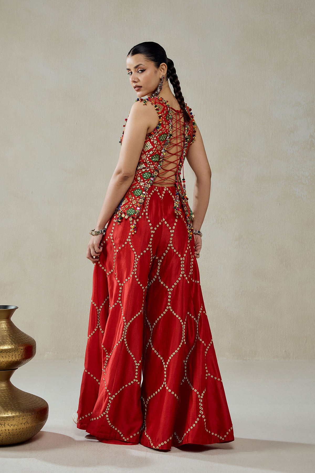 Red Patola Silk With Worked Sharara Set