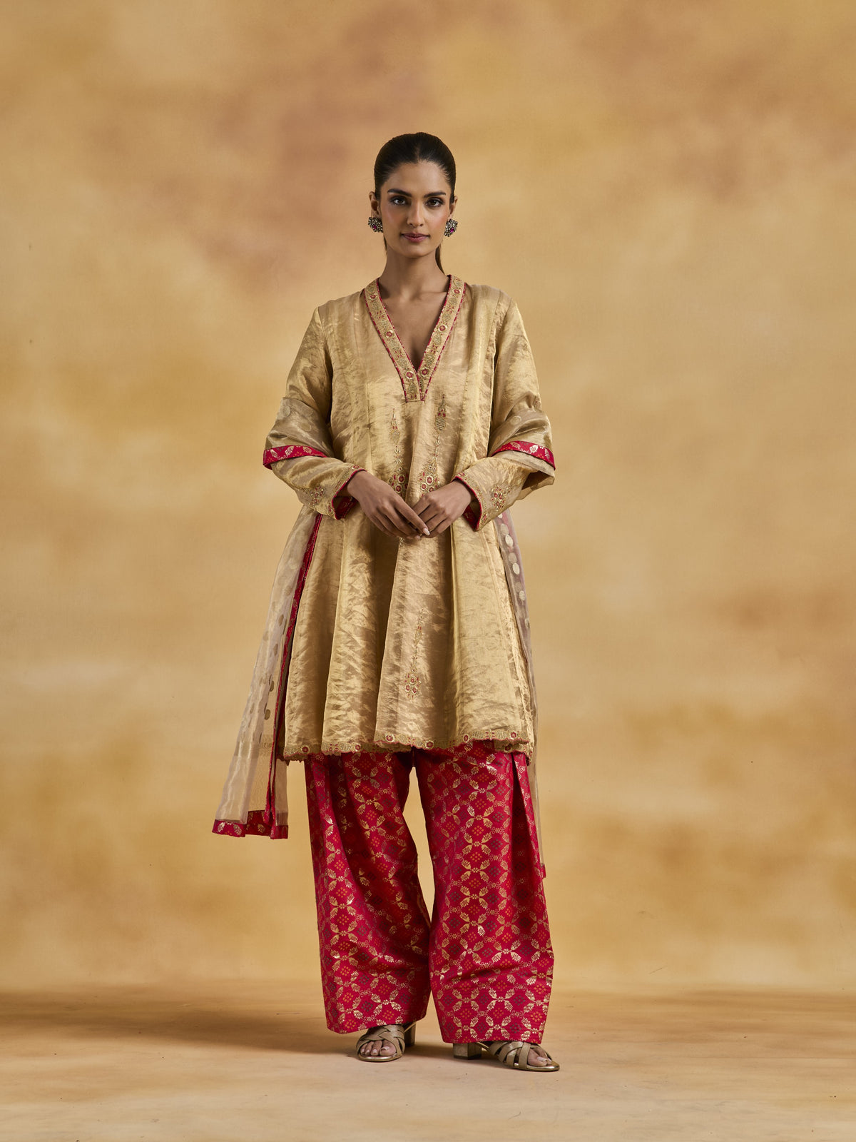 Gold Tissue Anarkali Set