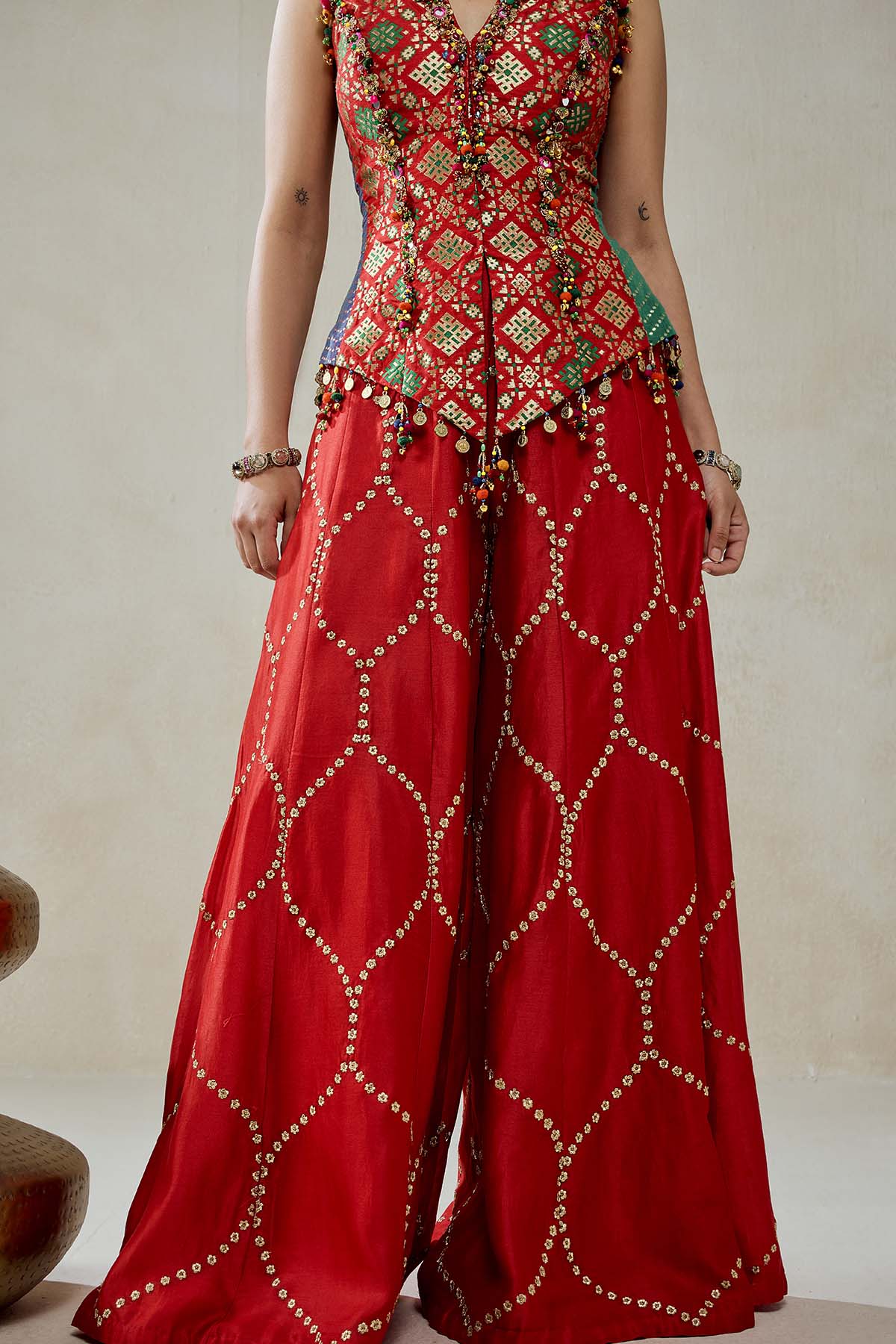 Red Patola Silk With Worked Sharara Set