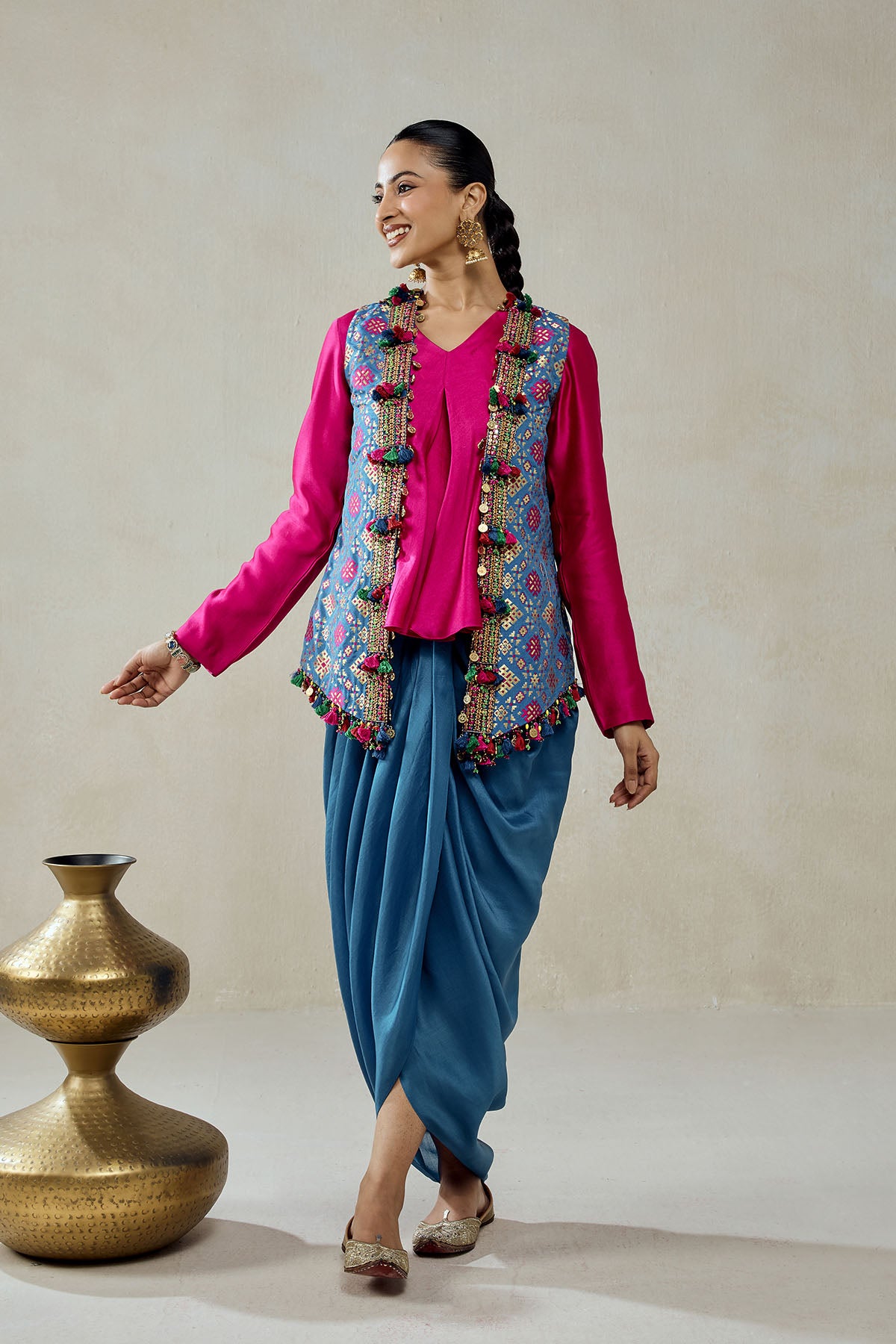 Royal Blue Patola Short Jacket With Dhoti Skirt Set