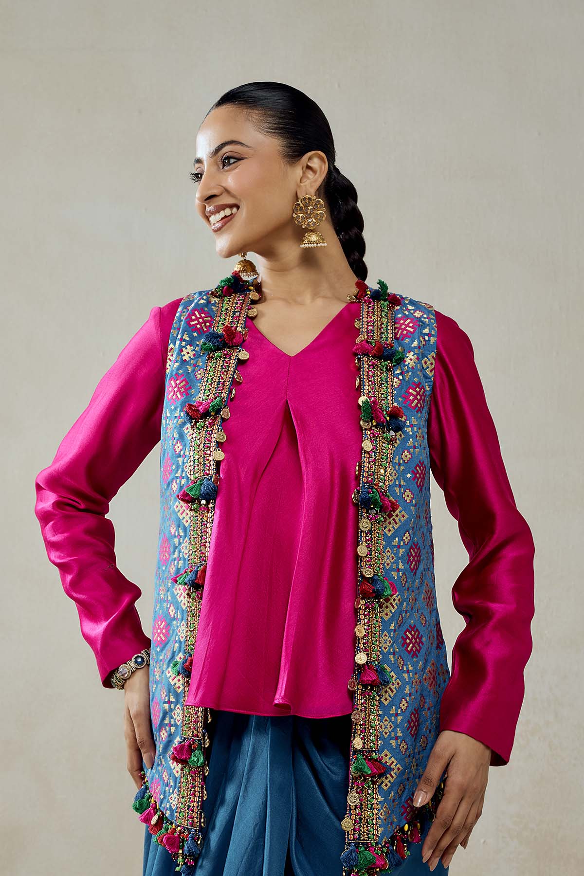 Royal Blue Patola Short Jacket With Dhoti Skirt Set