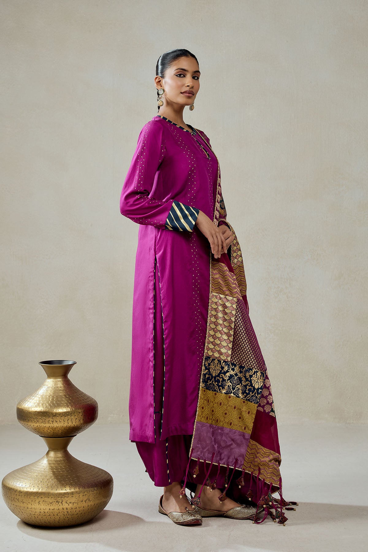 Wine Salwar Suit With Multicolour Brocade Dupatta Set