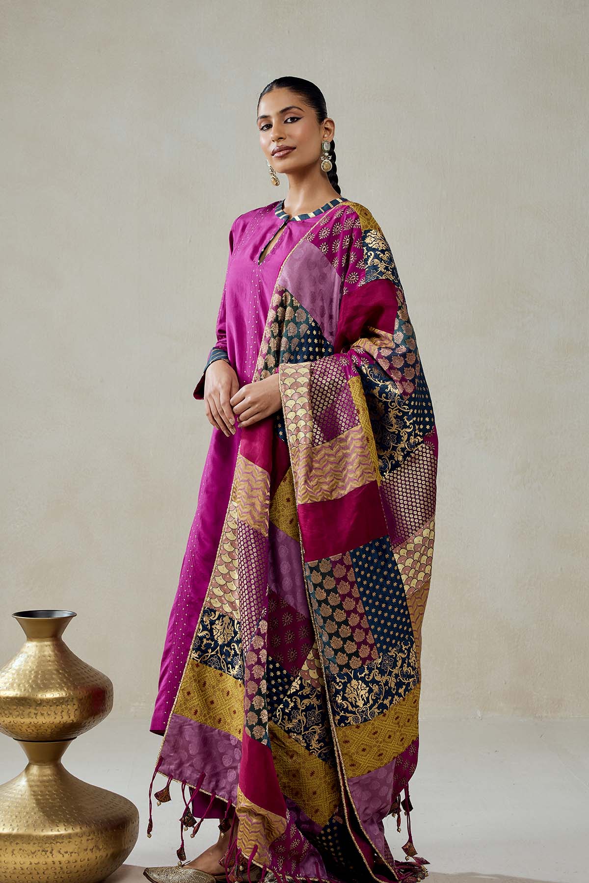Wine Salwar Suit With Multicolour Brocade Dupatta Set
