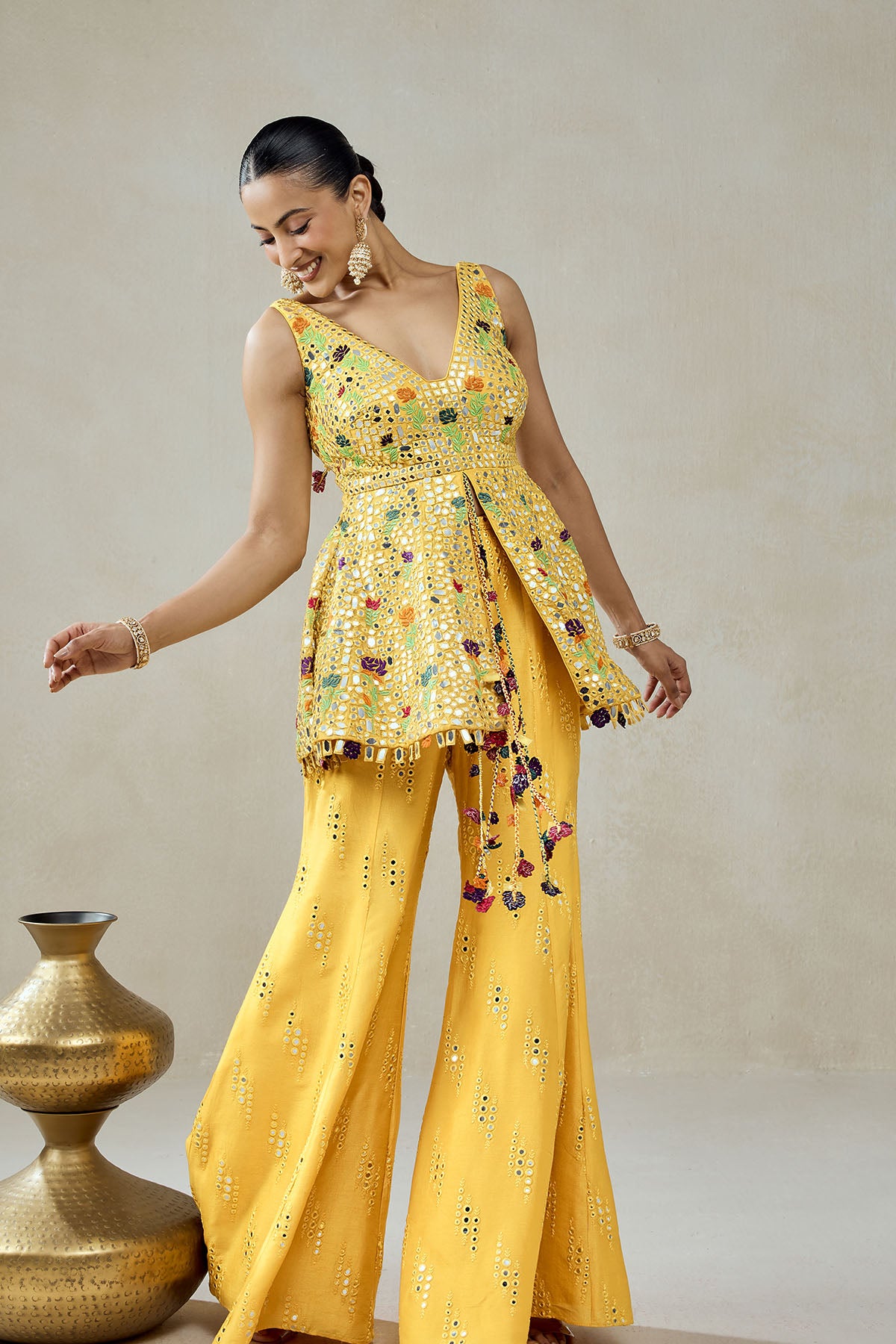 Yellow Sharara Trouser Peplum Set