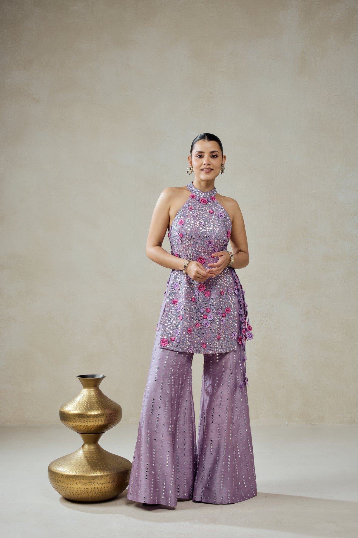 Mauve Sharara Trouser Halter Neck Kurta Set