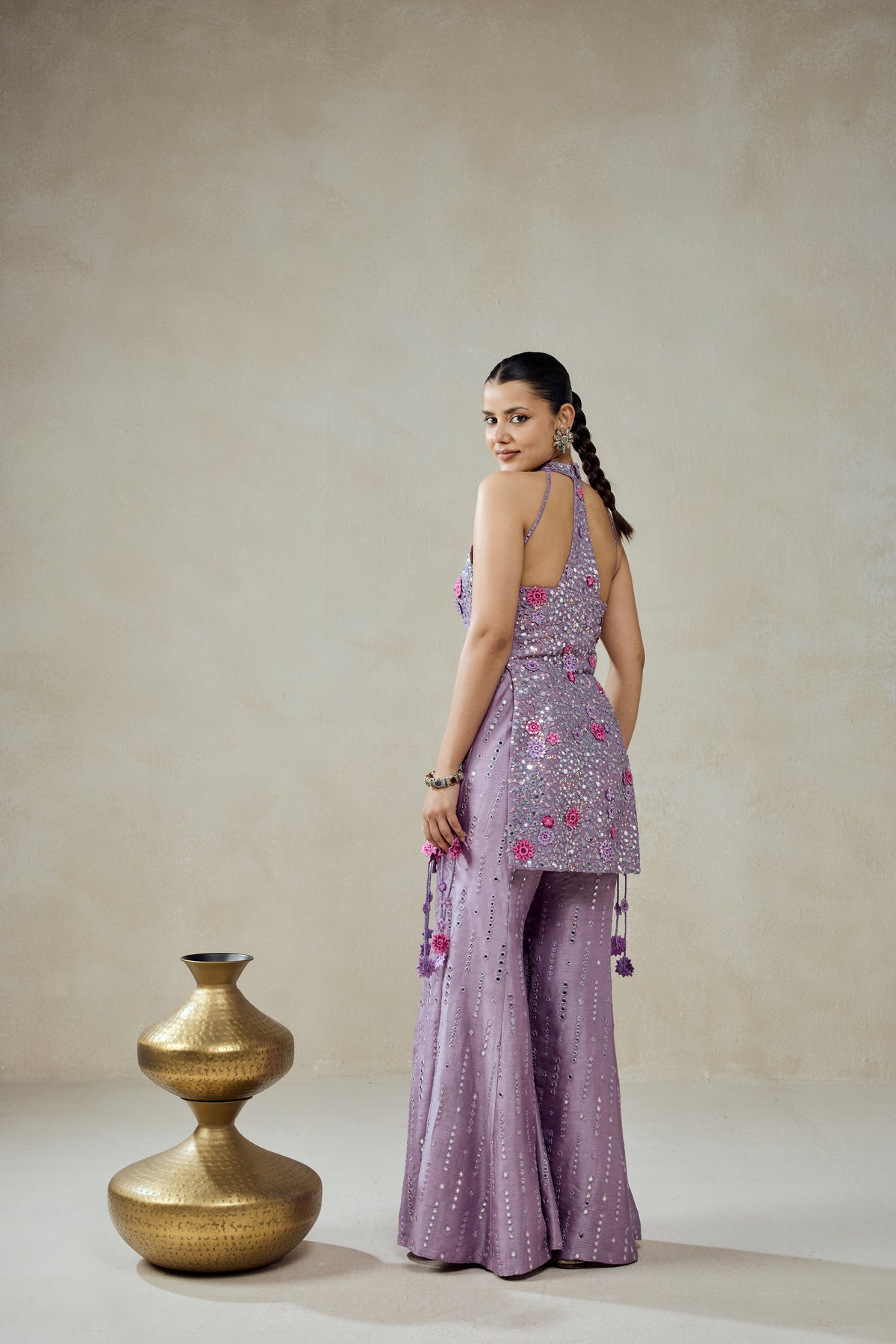 Mauve Sharara Trouser Halter Neck Kurta Set