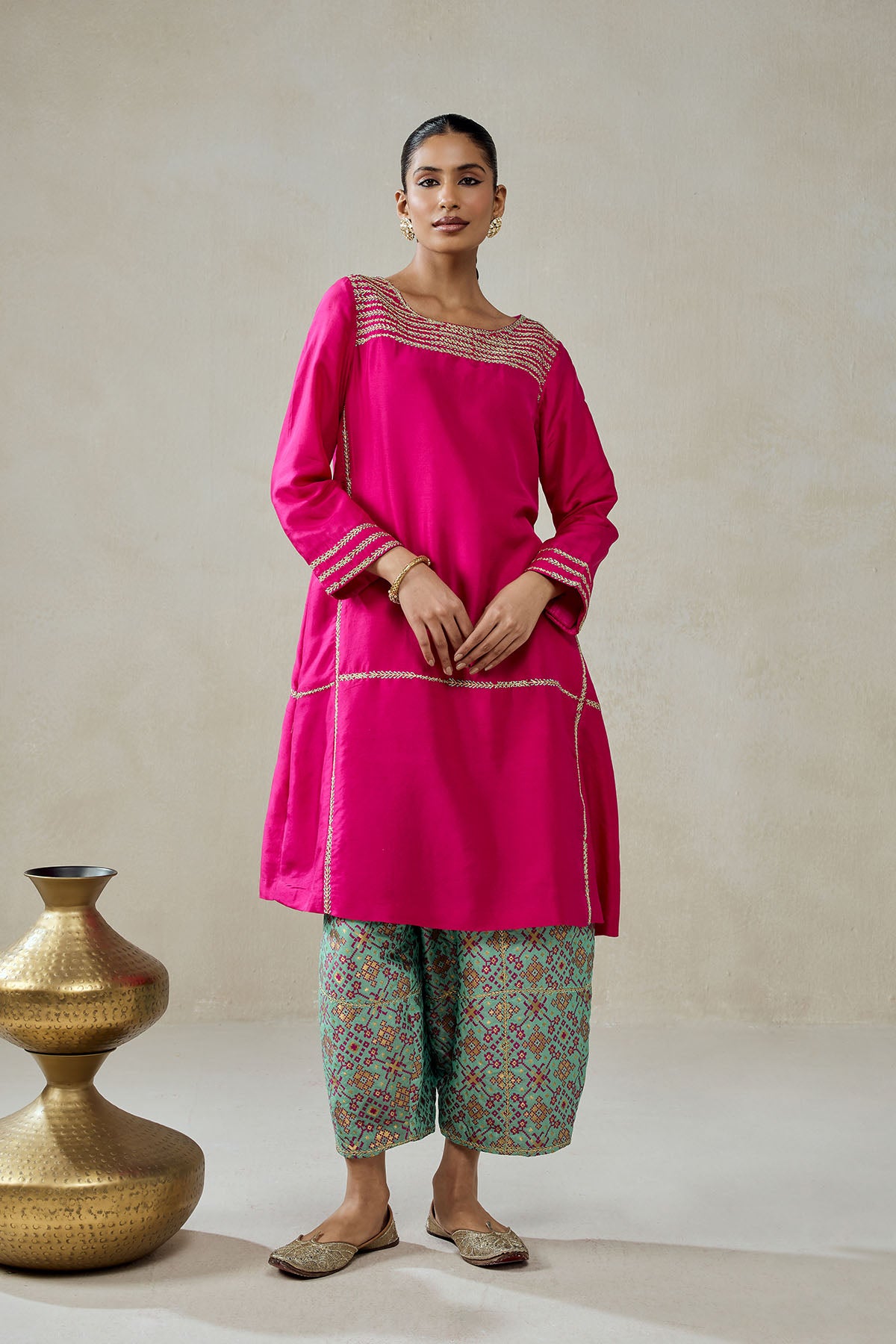 Fuschia Embroidered Kurta With Aqua Patola Silk Salwar Set
