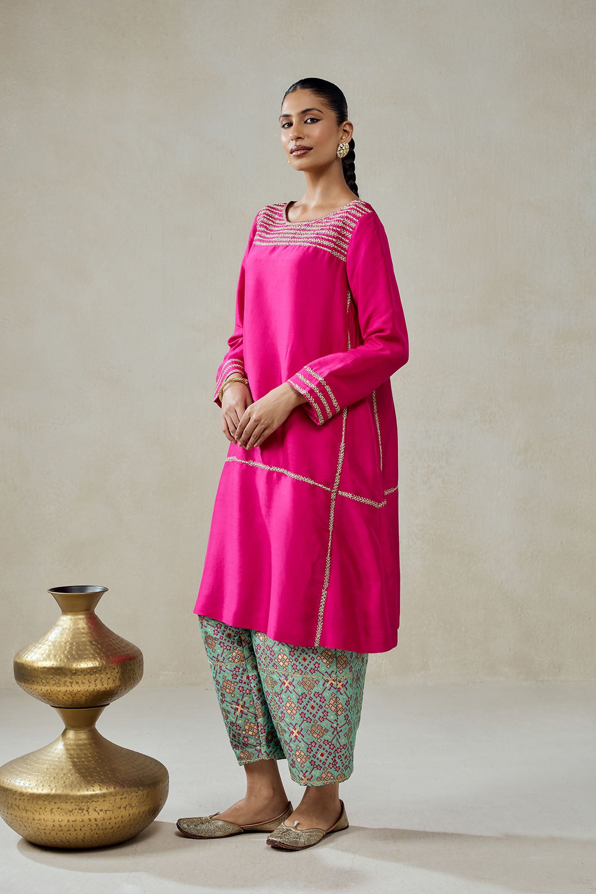 Fuschia Embroidered Kurta With Aqua Patola Silk Salwar Set