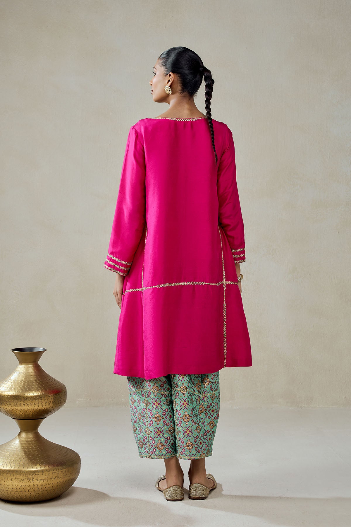 Fuschia Embroidered Kurta With Aqua Patola Silk Salwar Set
