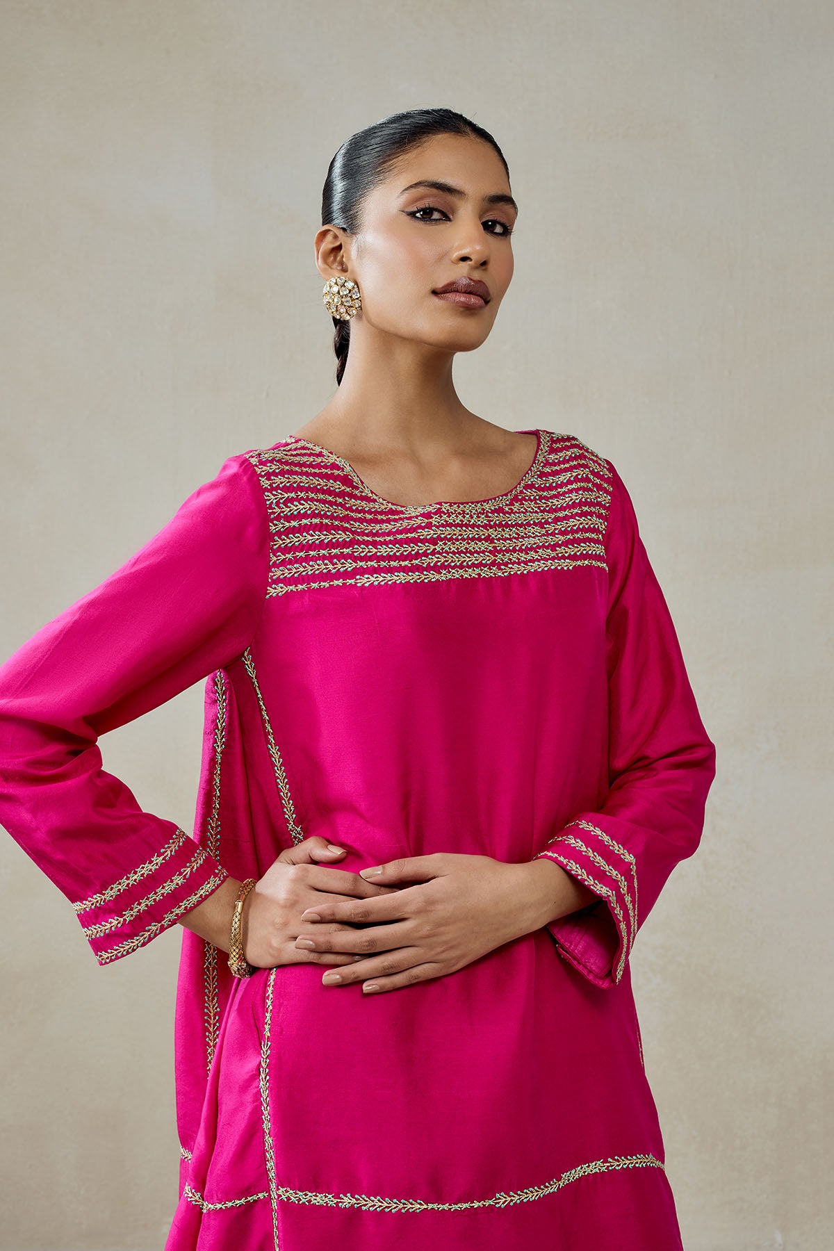Fuschia Embroidered Kurta With Aqua Patola Silk Salwar Set
