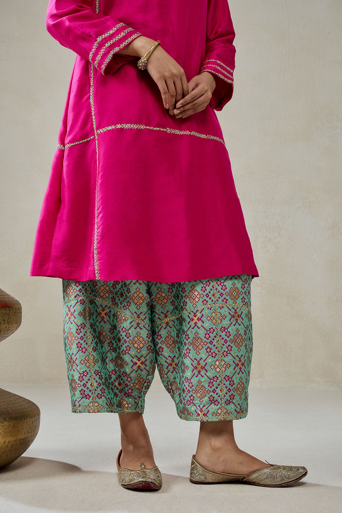 Fuschia Embroidered Kurta With Aqua Patola Silk Salwar Set