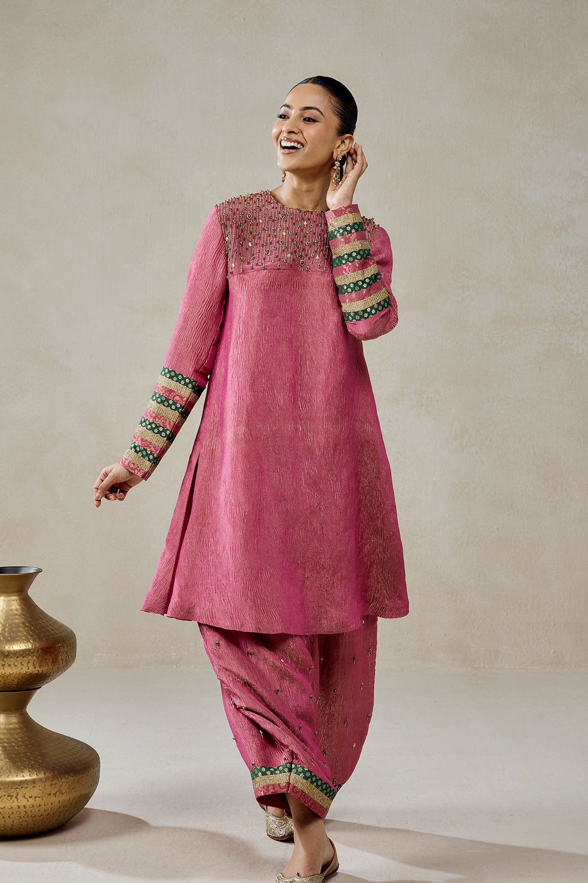 Rose Pink Crinkle Tissue Suit Salwar Set