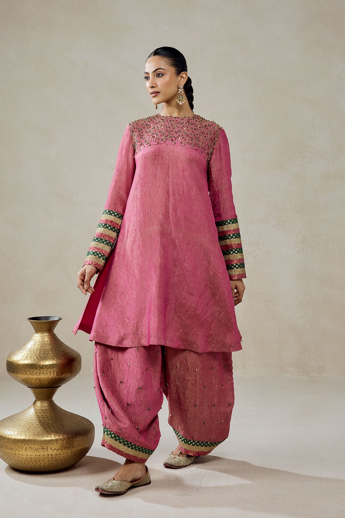 Rose Pink Crinkle Tissue Suit Salwar Set