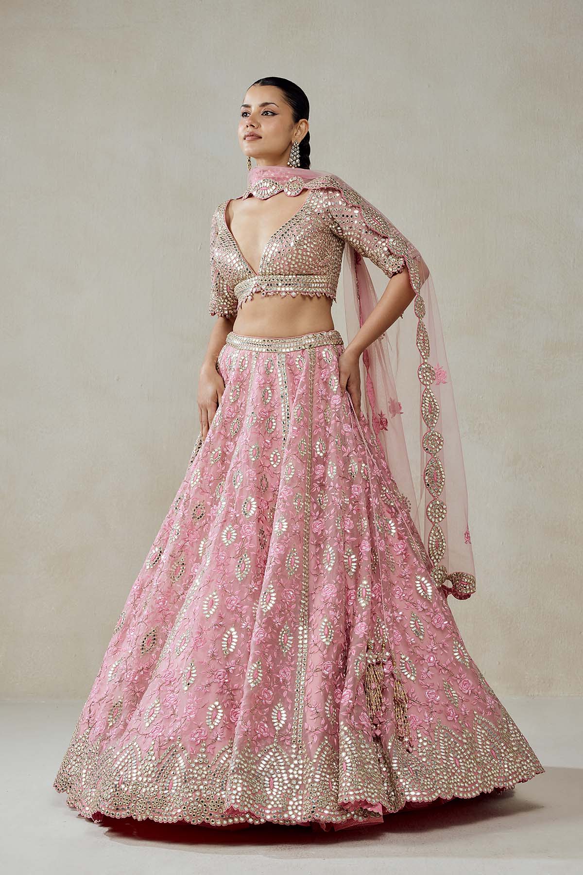 Pink Organza Mirror Work With Multiresham Lehenga Set