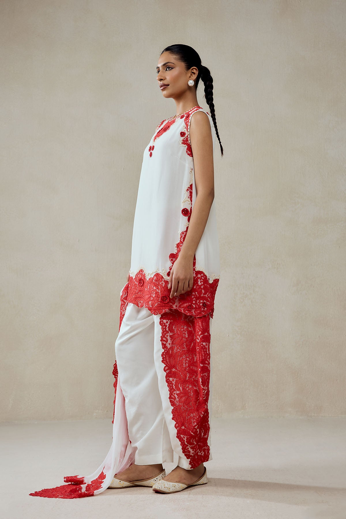 White Georgette With Red Lace Applique Suit Set