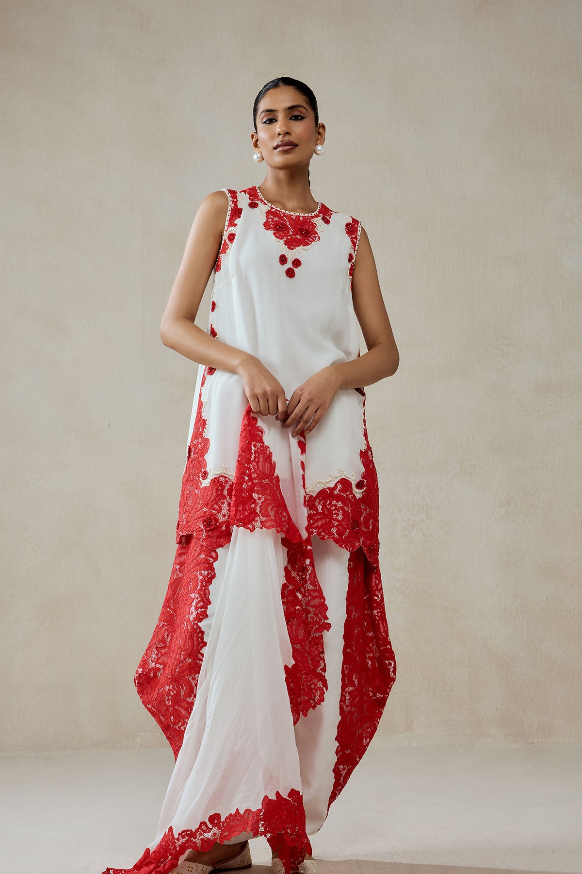 White Georgette With Red Lace Applique Suit Set