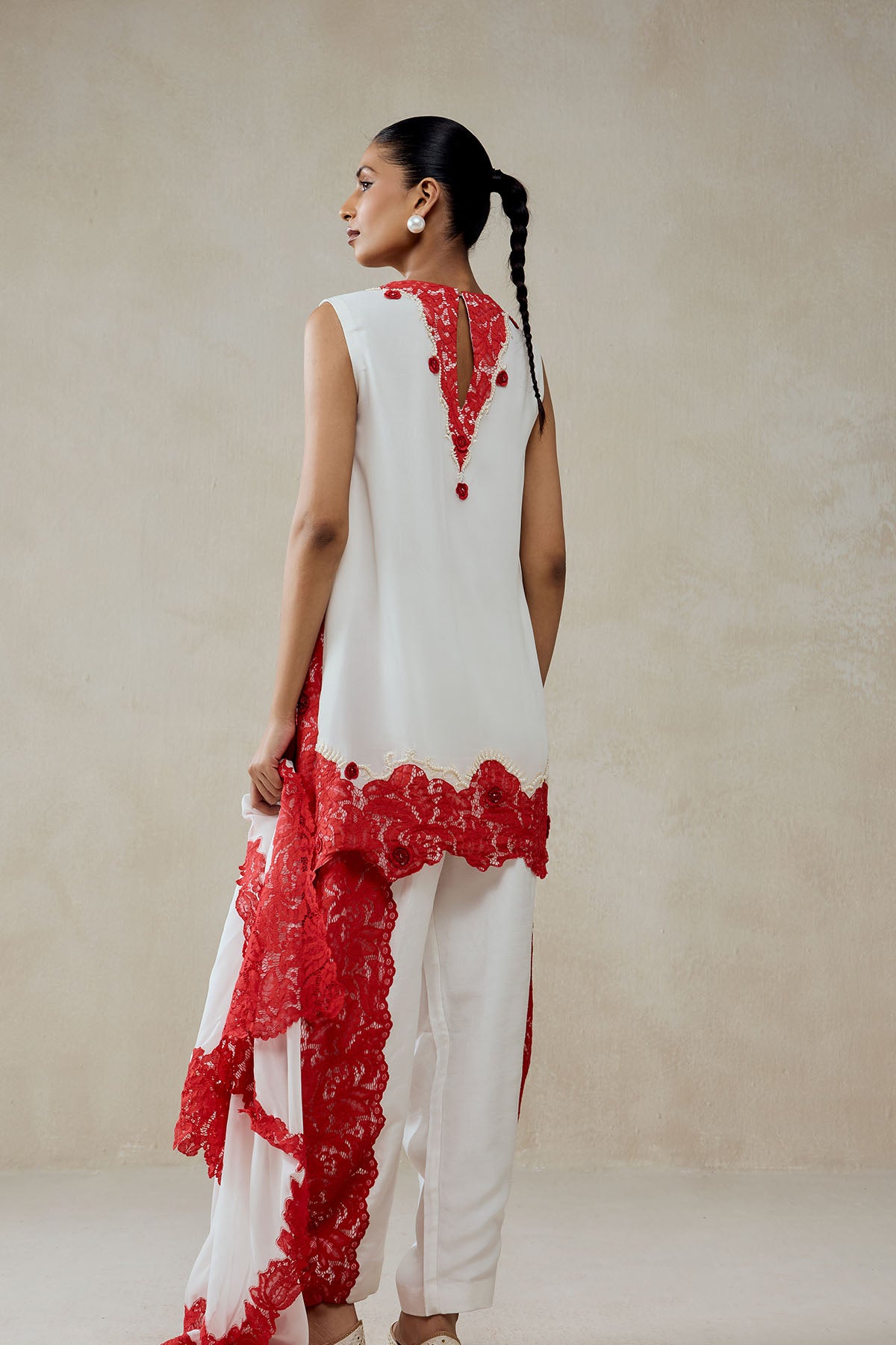 White Georgette With Red Lace Applique Suit Set