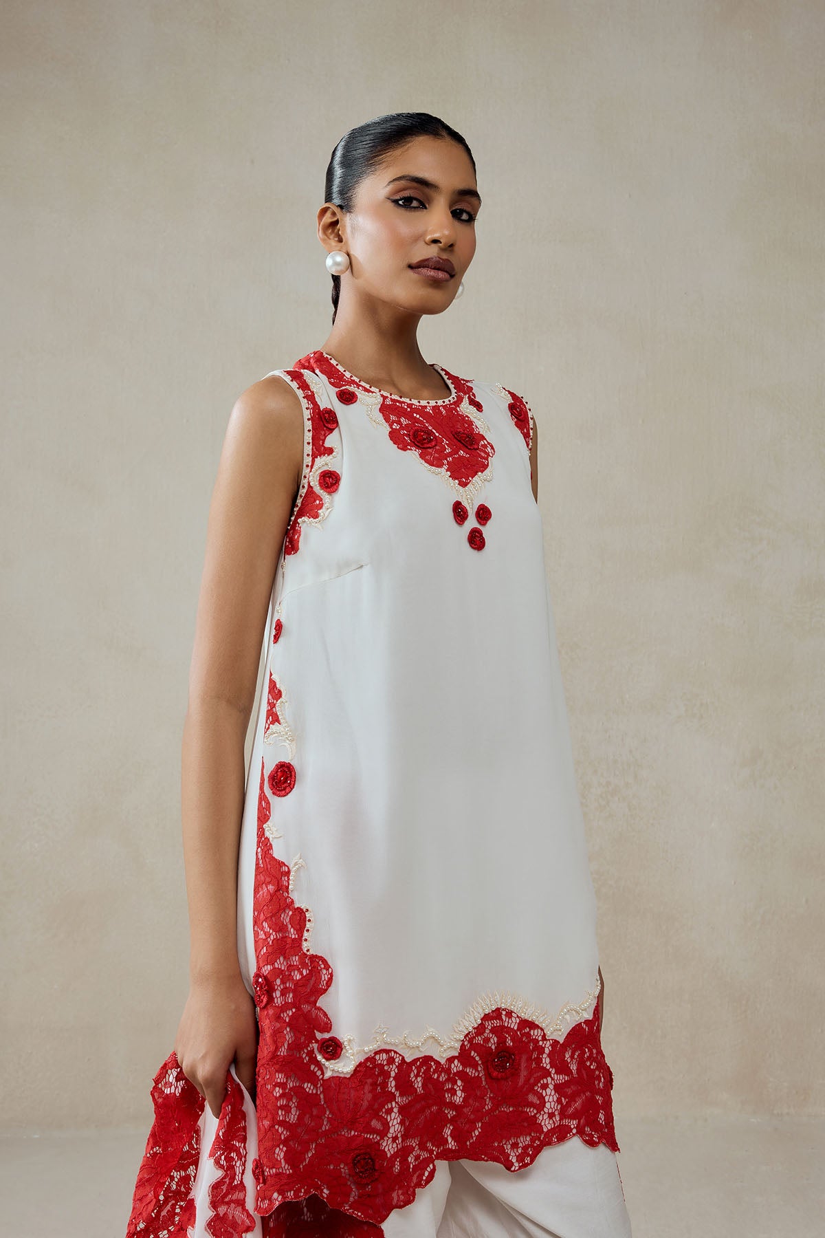 White Georgette With Red Lace Applique Suit Set